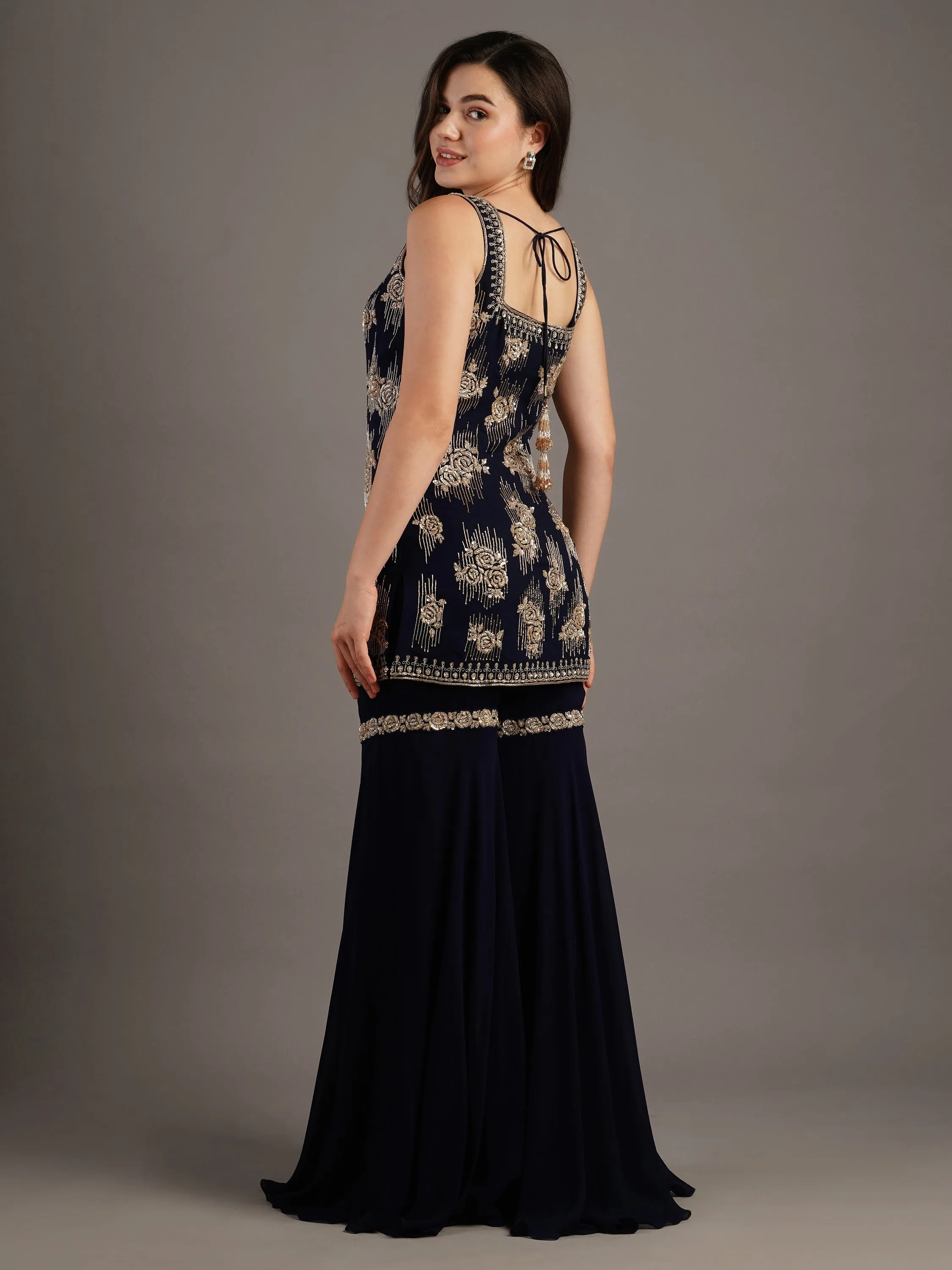 Navy Georgette Rose Embroidered Kurti And Sharara Set With Dupatta