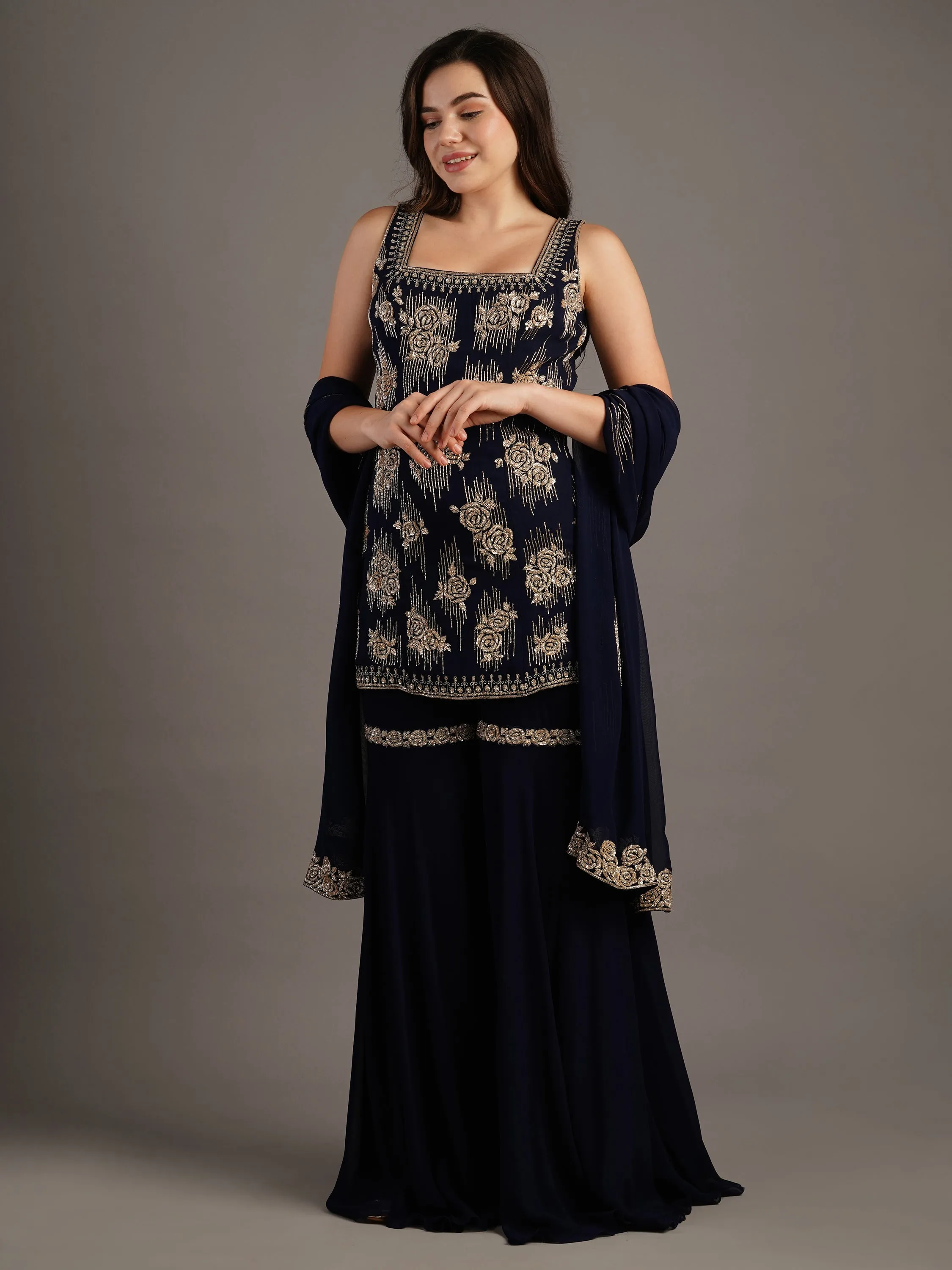 Navy Georgette Rose Embroidered Kurti And Sharara Set With Dupatta