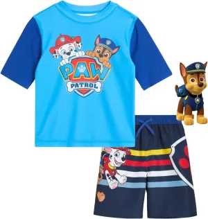 Nickelodeon Boys Rash Guard Set - 2 Piece Paw Patrol Chase Marshall Rubble TMNT UPF 50  Swim Shirt & Boys Swim Trunks