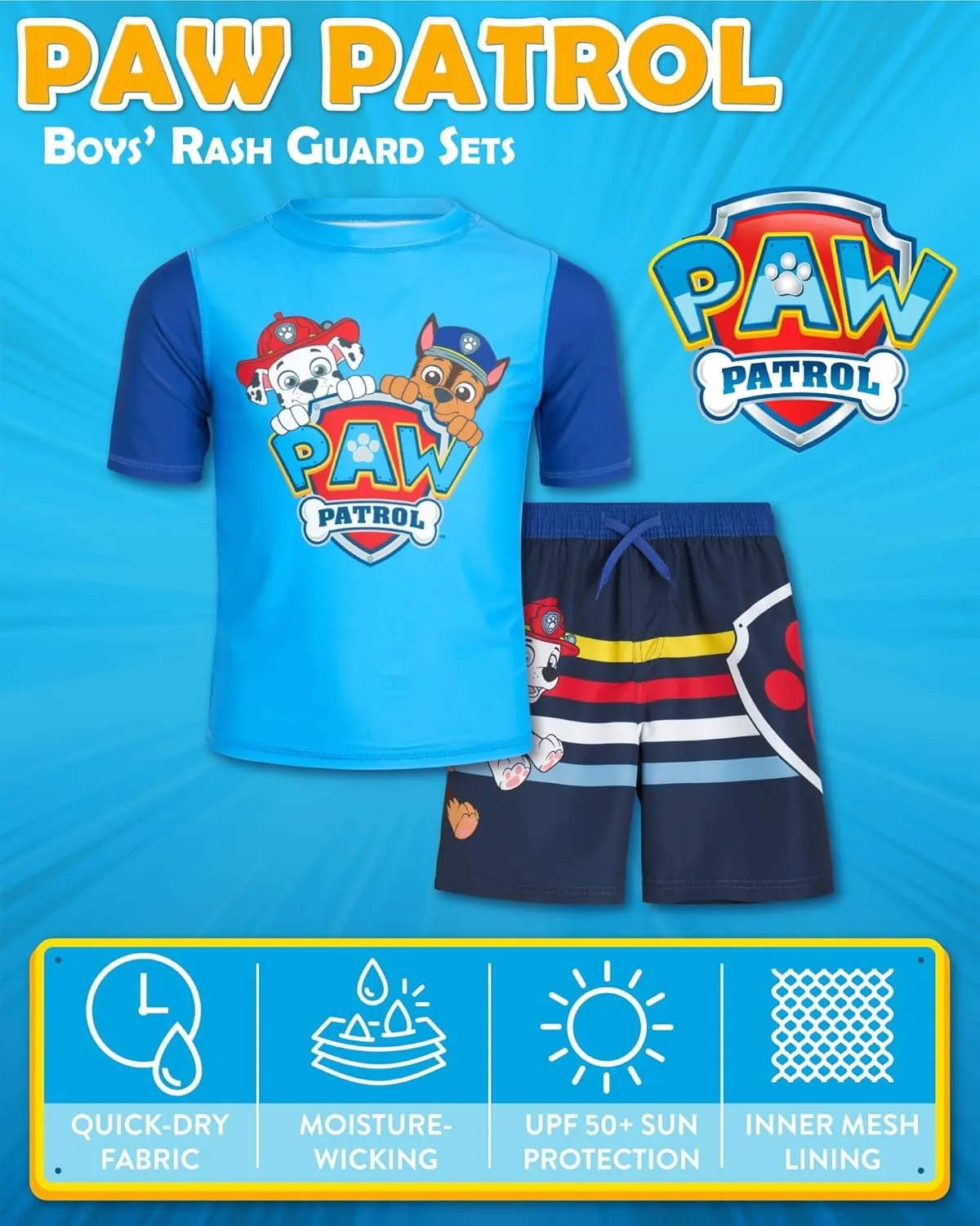 Nickelodeon Boys Rash Guard Set - 2 Piece Paw Patrol Chase Marshall Rubble TMNT UPF 50  Swim Shirt & Boys Swim Trunks