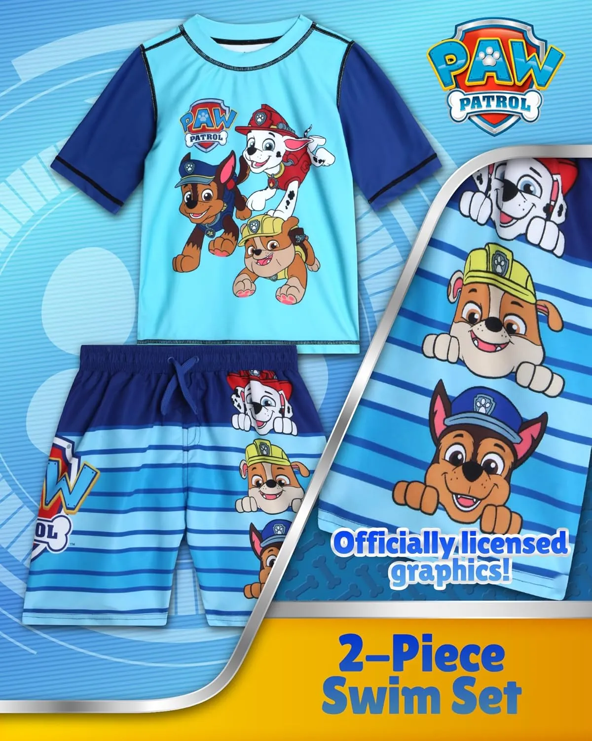 Nickelodeon Boys Rash Guard Set - 2 Piece Paw Patrol Chase Marshall Rubble TMNT UPF 50  Swim Shirt & Boys Swim Trunks