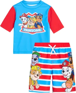Nickelodeon Boys Rash Guard Set - 2 Piece Paw Patrol Chase Marshall Rubble TMNT UPF 50  Swim Shirt & Boys Swim Trunks