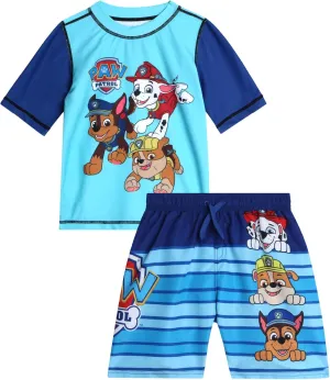 Nickelodeon Boys Rash Guard Set - 2 Piece Paw Patrol Chase Marshall Rubble TMNT UPF 50  Swim Shirt & Boys Swim Trunks