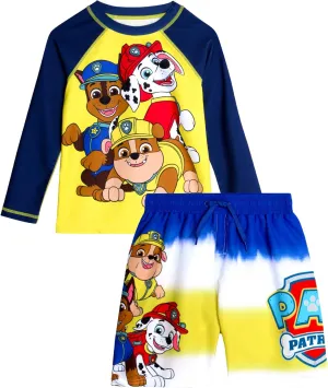 Nickelodeon Boys Rash Guard Set - 2 Piece Paw Patrol Chase Marshall Rubble TMNT UPF 50  Swim Shirt & Boys Swim Trunks