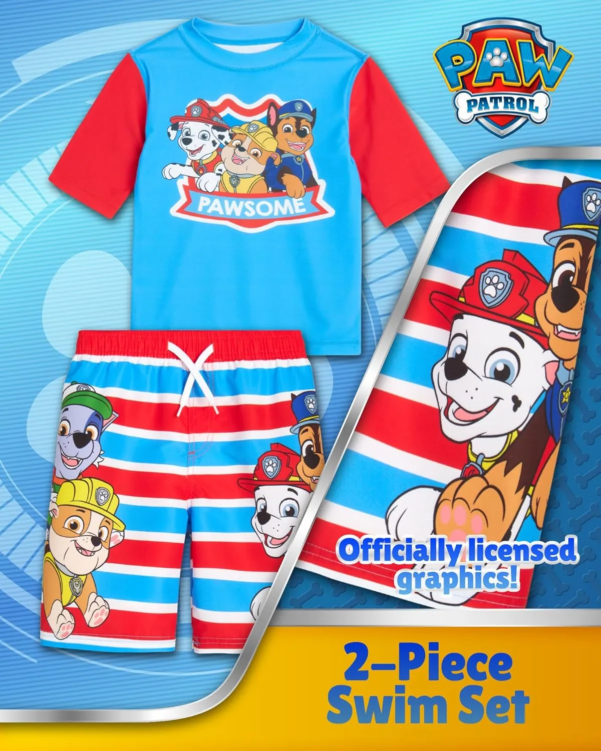 Nickelodeon Boys Rash Guard Set - 2 Piece Paw Patrol Chase Marshall Rubble TMNT UPF 50  Swim Shirt & Boys Swim Trunks