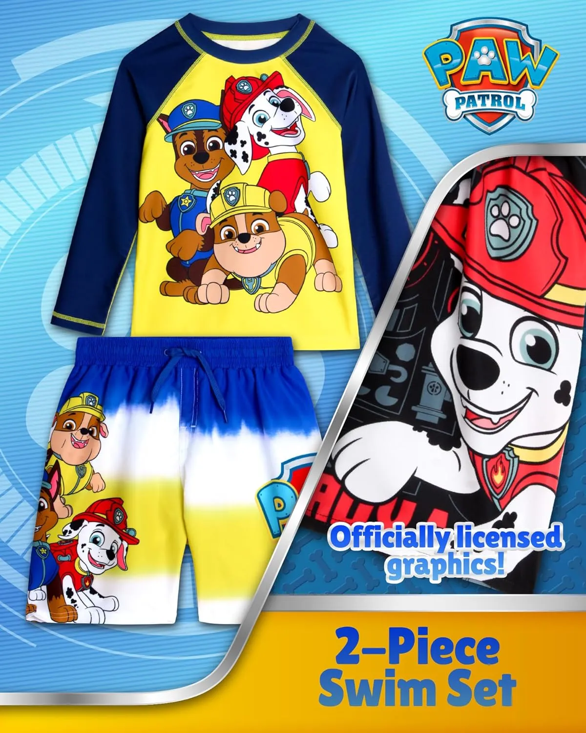 Nickelodeon Boys Rash Guard Set - 2 Piece Paw Patrol Chase Marshall Rubble TMNT UPF 50  Swim Shirt & Boys Swim Trunks