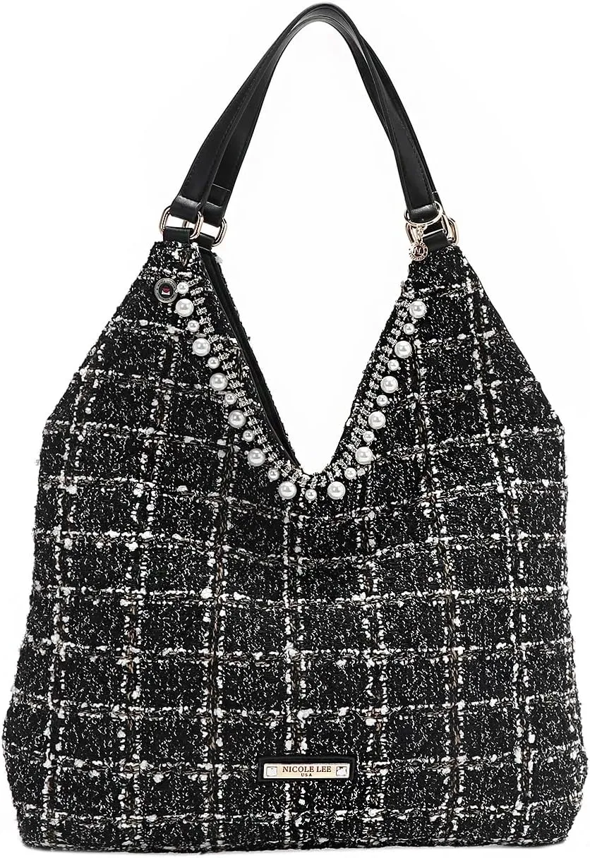 Nicole Lee Tweed Large Hobo Bag with Sequin and Pearl Embellishments, V-Shape Shoulder Bag (BLACK)