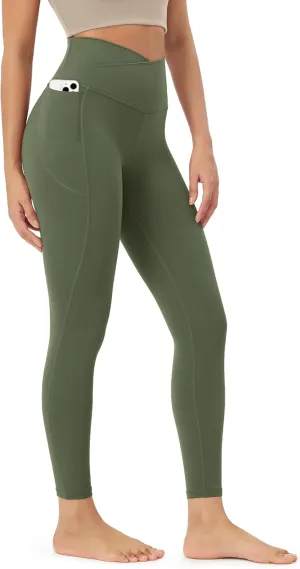 ODODOS Cloud Feeling Crossover 7/8 Leggings with Pockets for Women 25" / 28" V High Wasit Lounge Yoga Pants