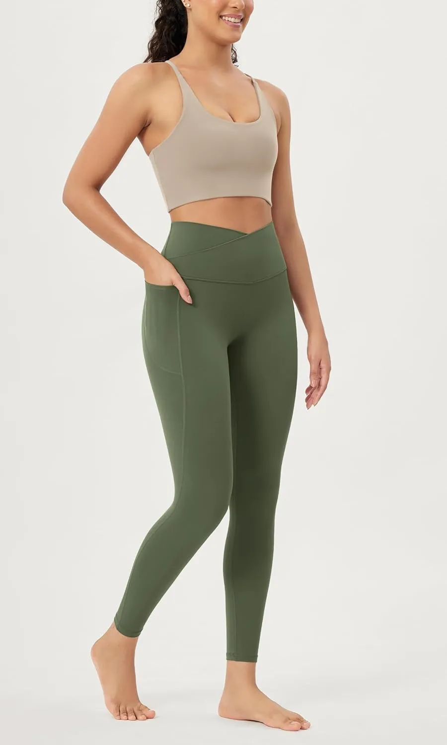 ODODOS Cloud Feeling Crossover 7/8 Leggings with Pockets for Women 25" / 28" V High Wasit Lounge Yoga Pants