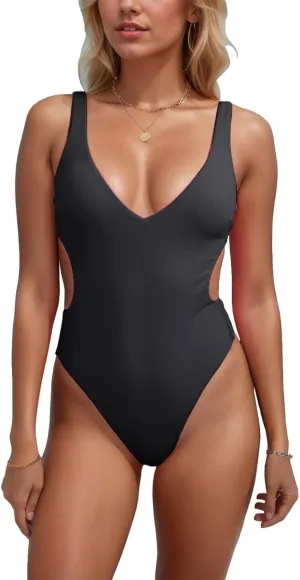 One Piece Swimsuits Women Sexy Cutout Push Up Swimwear Cheeky V-Cut Back High Cut Thong 1 Piece Bikinis Bathing Suit