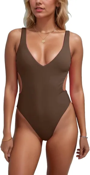 One Piece Swimsuits Women Sexy Cutout Push Up Swimwear Cheeky V-Cut Back High Cut Thong 1 Piece Bikinis Bathing Suit