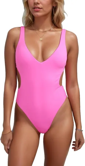 One Piece Swimsuits Women Sexy Cutout Push Up Swimwear Cheeky V-Cut Back High Cut Thong 1 Piece Bikinis Bathing Suit