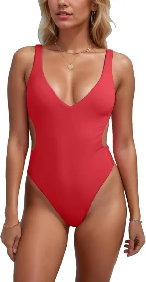 One Piece Swimsuits Women Sexy Cutout Push Up Swimwear Cheeky V-Cut Back High Cut Thong 1 Piece Bikinis Bathing Suit