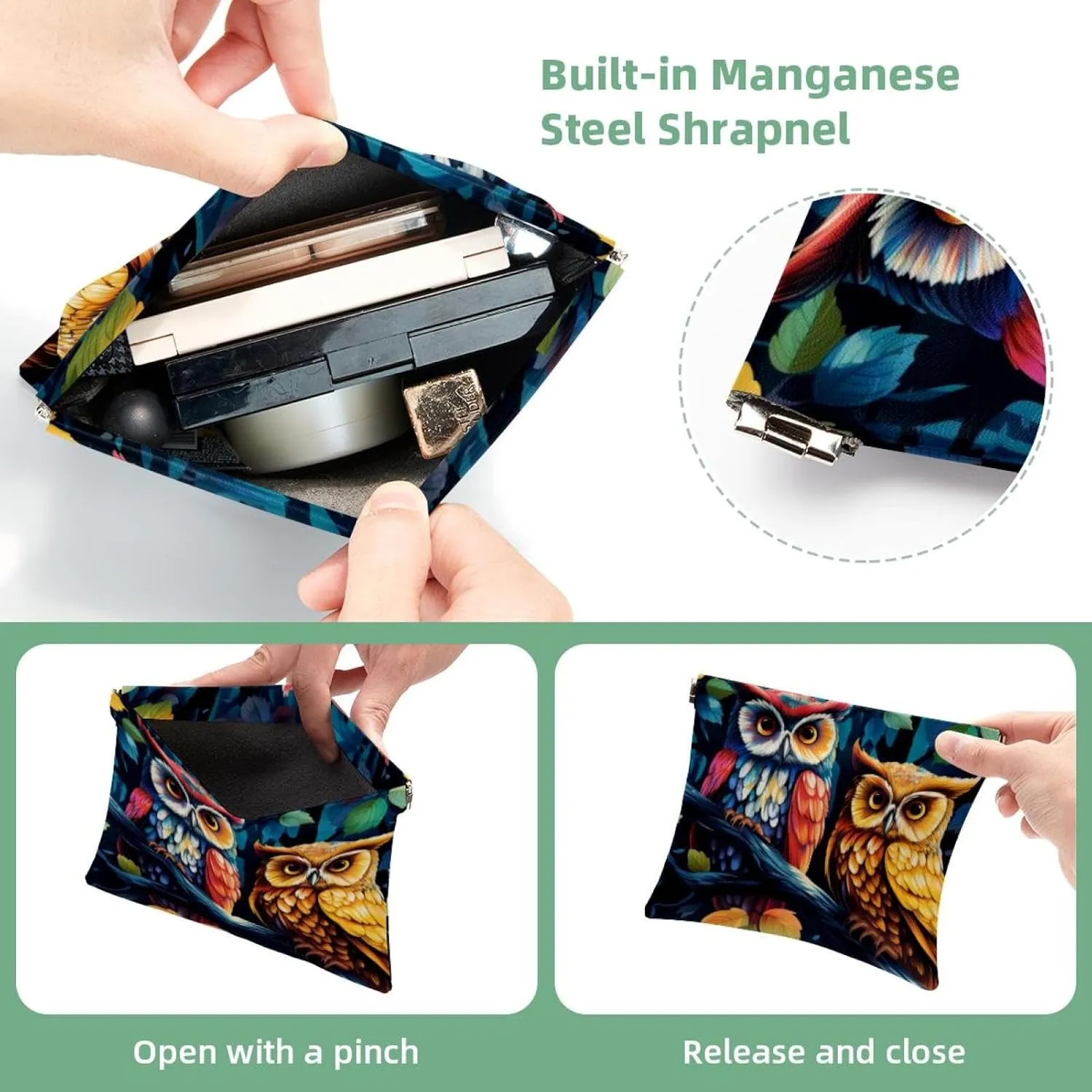 Owl Pattern-200 Pocket Cosmetic Bag, Waterproof Squeeze Makeup Bag No Zipper Self-Closing, Portable Mini Travel Storage for Headphones Jewelry