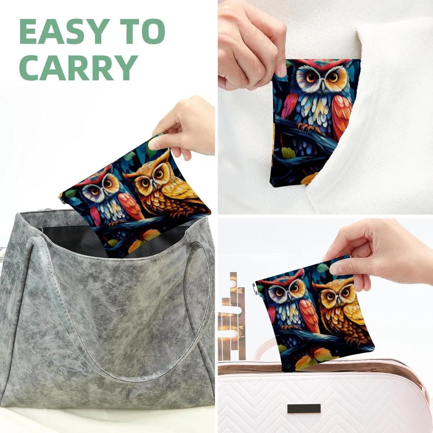 Owl Pattern-200 Pocket Cosmetic Bag, Waterproof Squeeze Makeup Bag No Zipper Self-Closing, Portable Mini Travel Storage for Headphones Jewelry