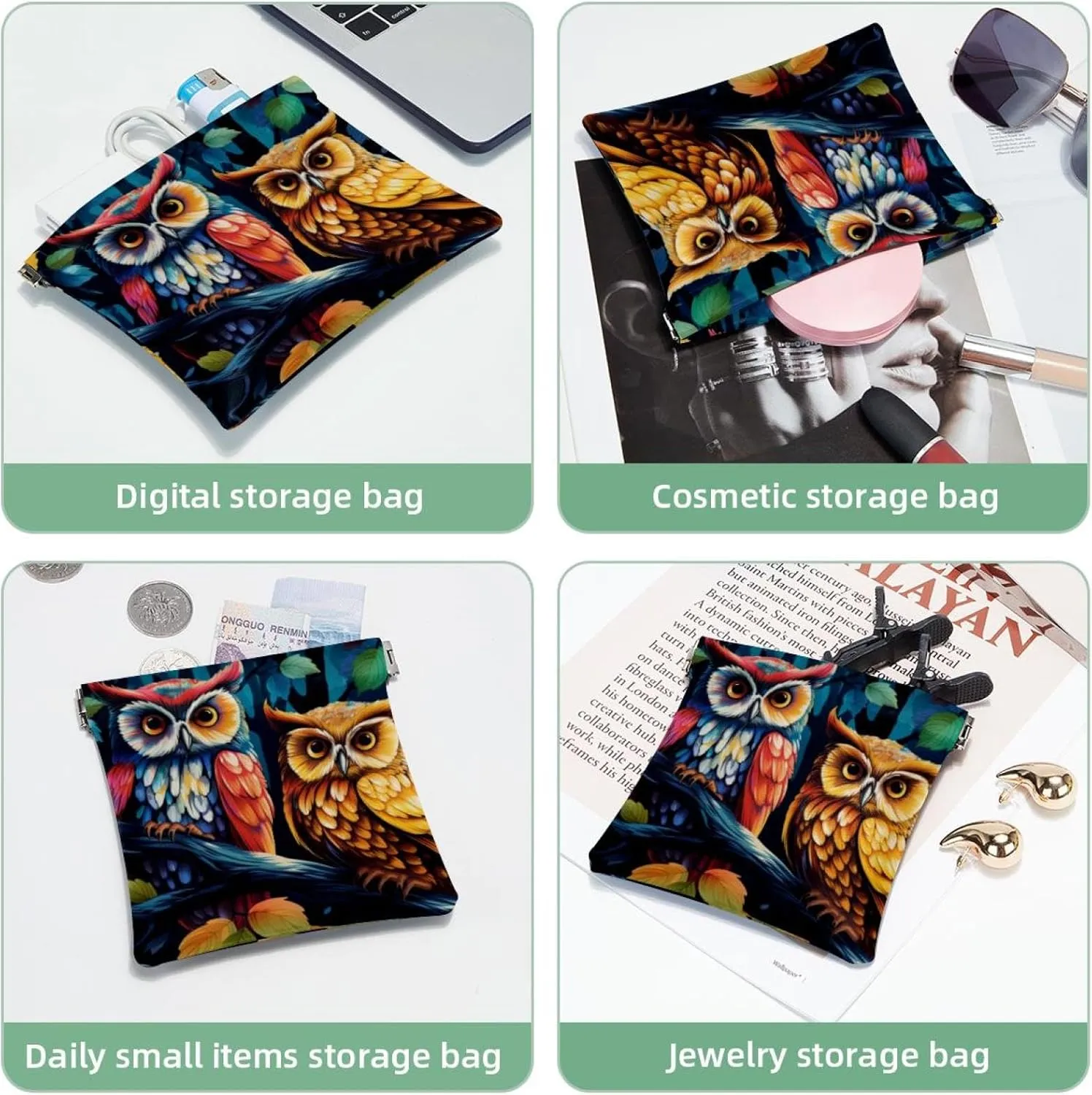 Owl Pattern-200 Pocket Cosmetic Bag, Waterproof Squeeze Makeup Bag No Zipper Self-Closing, Portable Mini Travel Storage for Headphones Jewelry