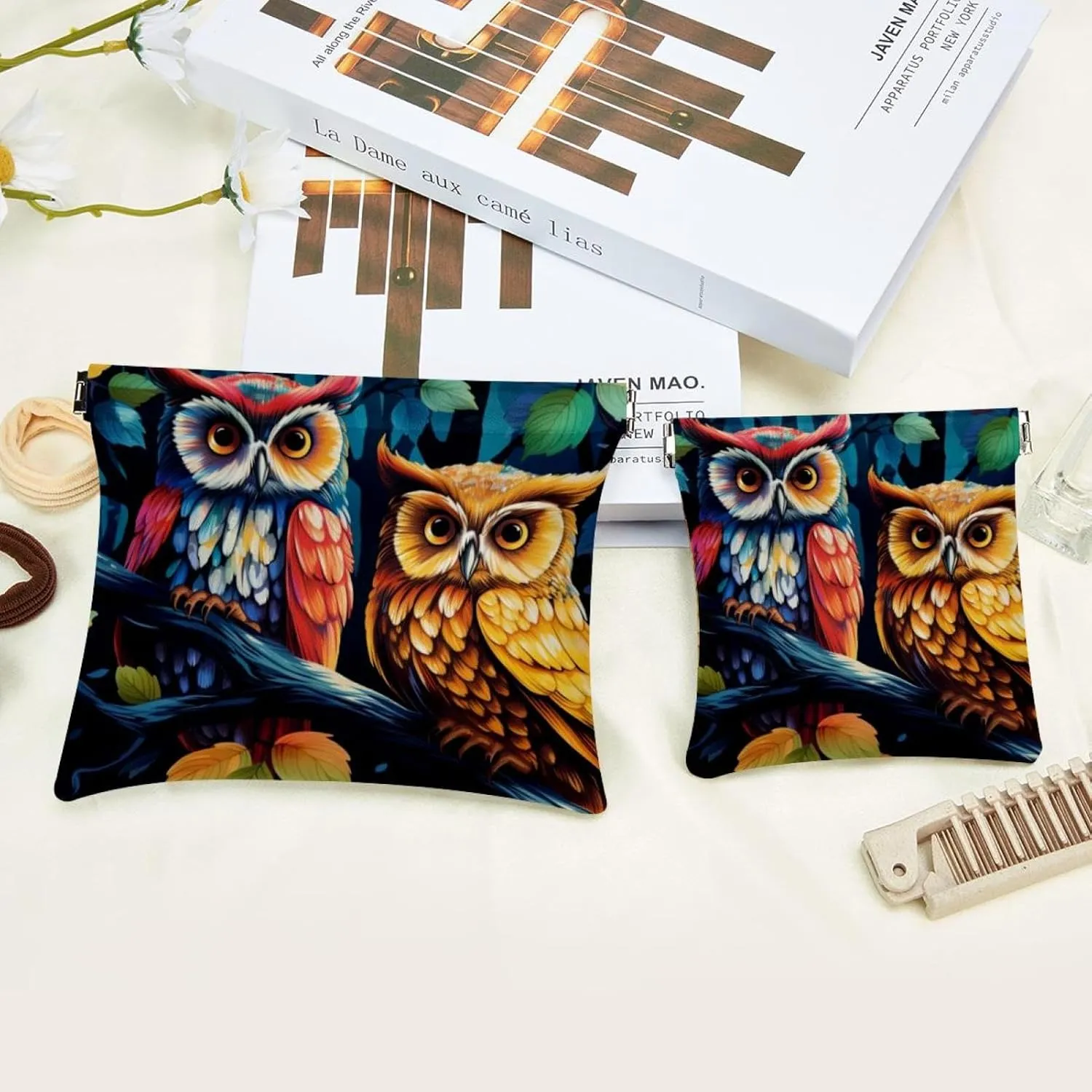 Owl Pattern-200 Pocket Cosmetic Bag, Waterproof Squeeze Makeup Bag No Zipper Self-Closing, Portable Mini Travel Storage for Headphones Jewelry