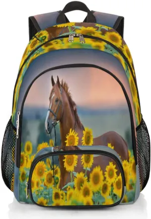 Pardick Horse Sunflower School Backpacks for Girls Boys Teens Students - Horse Floral Stylish College Schoolbag Book Bag - Water Resistant Travel Backpacks for Women Men