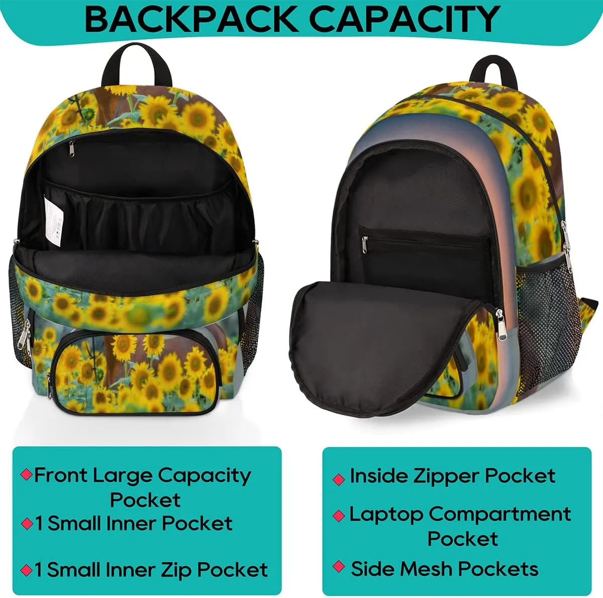 Pardick Horse Sunflower School Backpacks for Girls Boys Teens Students - Horse Floral Stylish College Schoolbag Book Bag - Water Resistant Travel Backpacks for Women Men