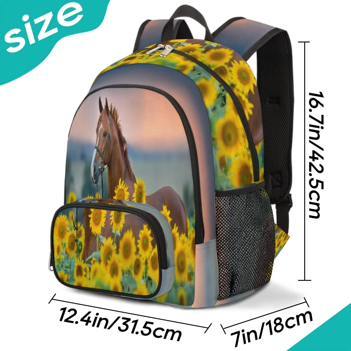 Pardick Horse Sunflower School Backpacks for Girls Boys Teens Students - Horse Floral Stylish College Schoolbag Book Bag - Water Resistant Travel Backpacks for Women Men