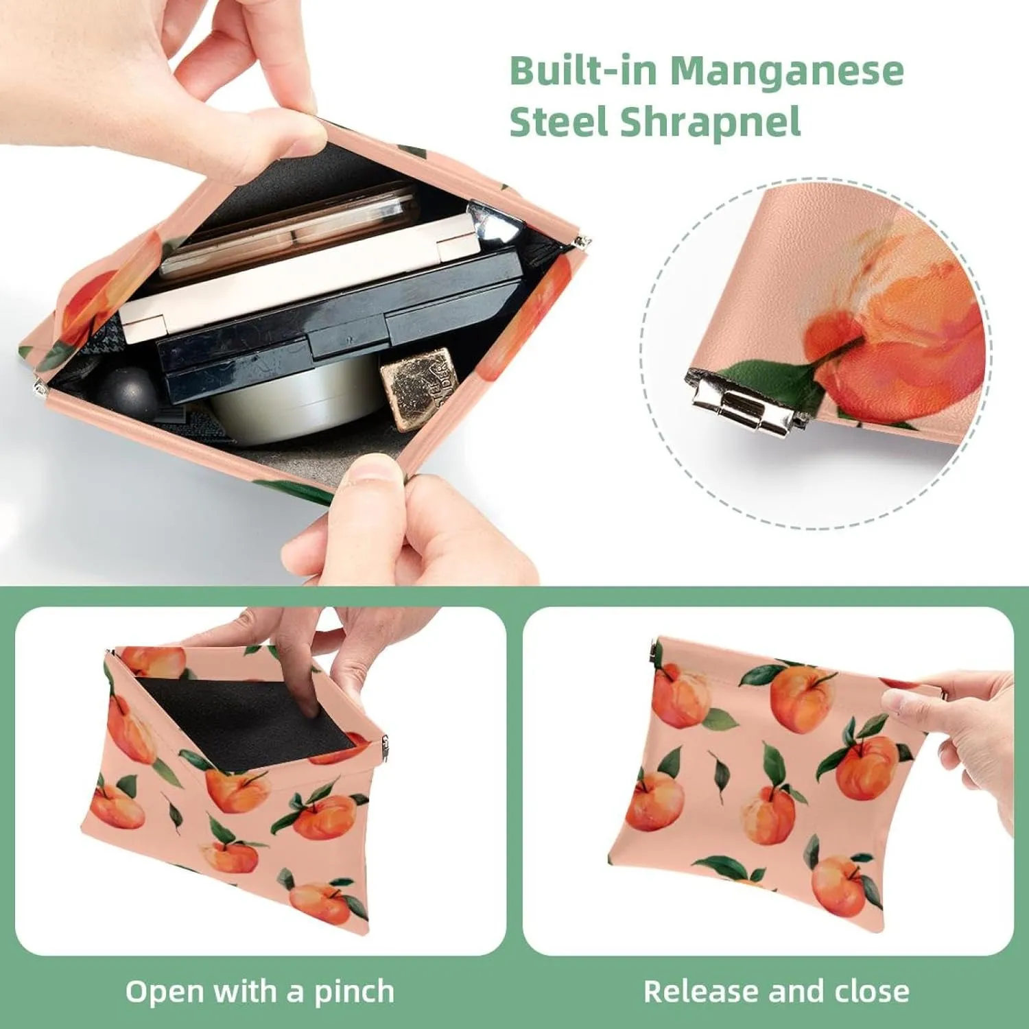 Peach Pattern Pocket Cosmetic Bag, Waterproof Squeeze Makeup Bag No Zipper Self-Closing, Portable Mini Travel Storage for Headphones Jewelry