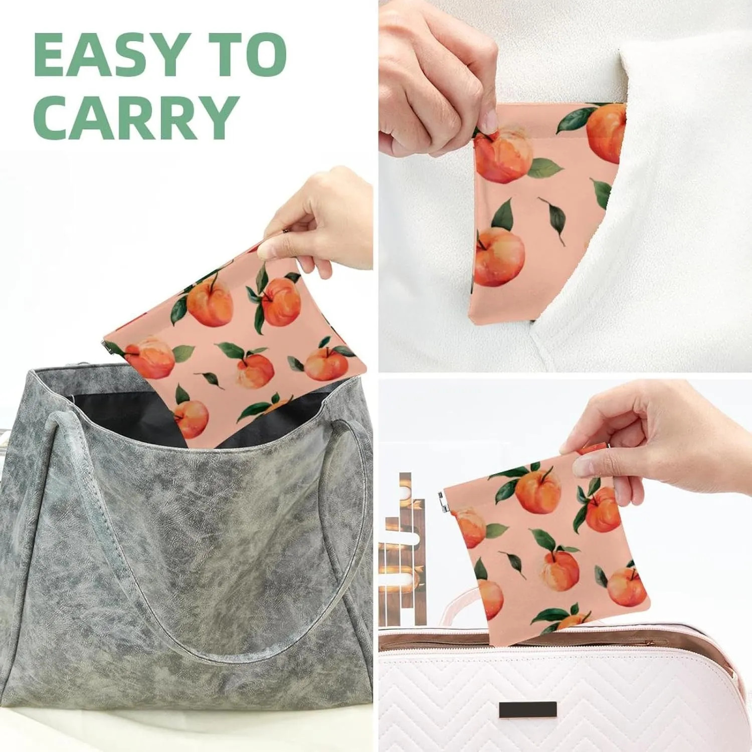 Peach Pattern Pocket Cosmetic Bag, Waterproof Squeeze Makeup Bag No Zipper Self-Closing, Portable Mini Travel Storage for Headphones Jewelry