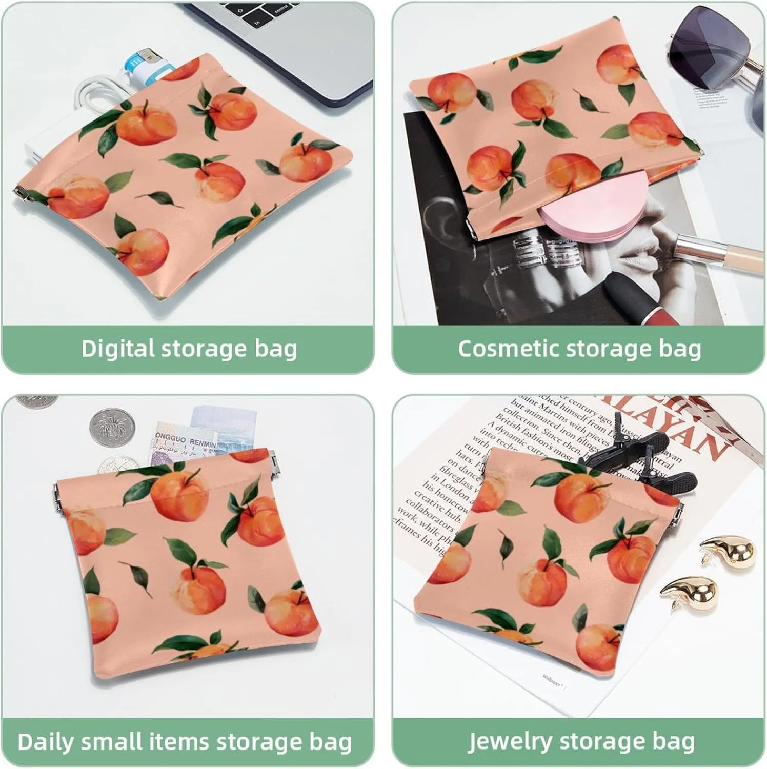 Peach Pattern Pocket Cosmetic Bag, Waterproof Squeeze Makeup Bag No Zipper Self-Closing, Portable Mini Travel Storage for Headphones Jewelry