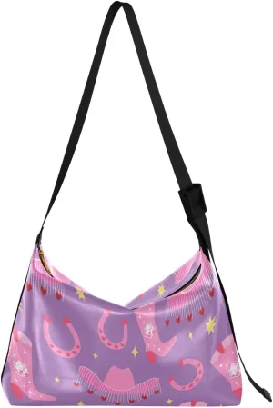 Pink Cowgirl Boots Hobo Crossbody Bags for Women Leather Large Shoulder Bag Cross Body Horseshoes and Hats Trendy Womens Tote Bags Handbag for Travel Shopping