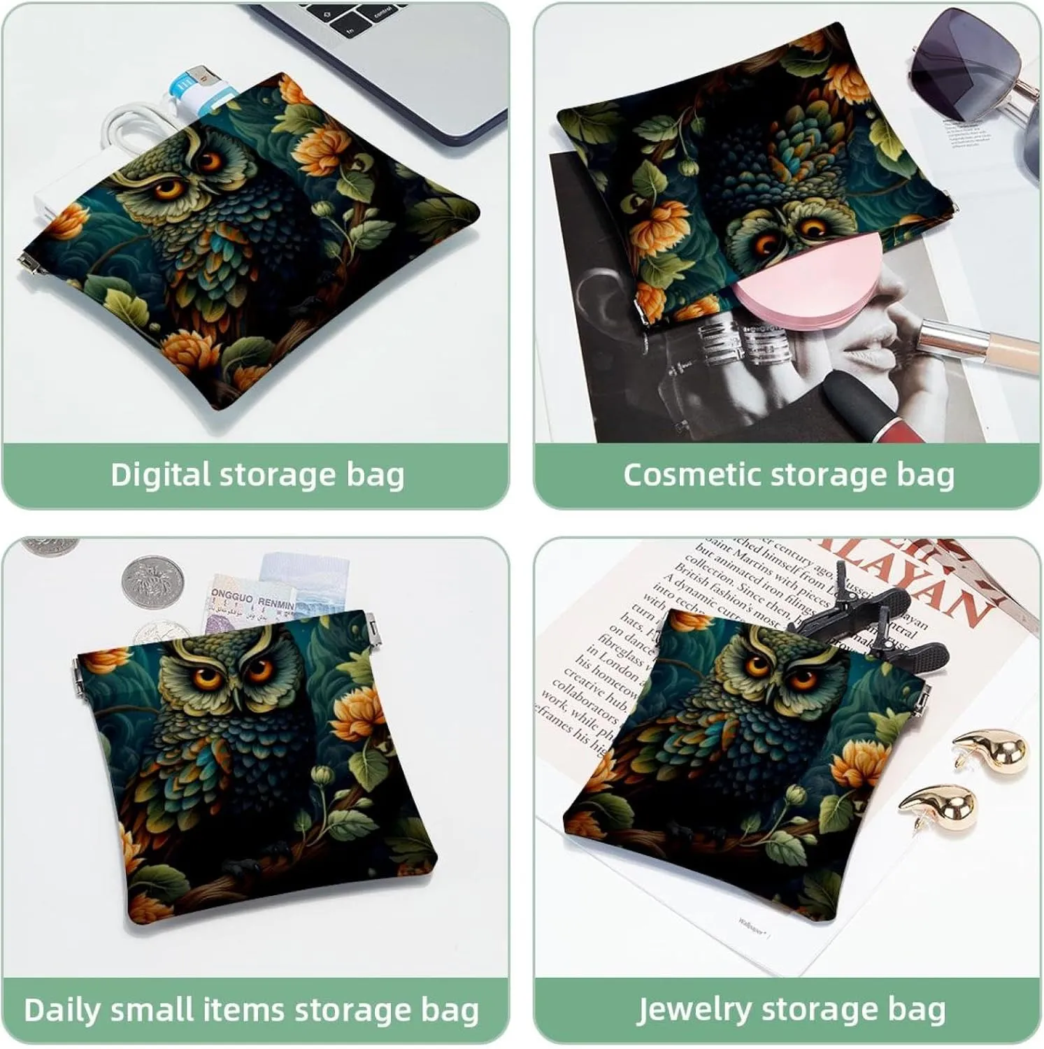 Pocket Cosmetic Bag Squeeze Top, Aesthetic Owl Night Forest Pattern-205 Waterproof Travel Makeup Bag for Purse, Portable Mini Makeup Pouch No Zipper for Women