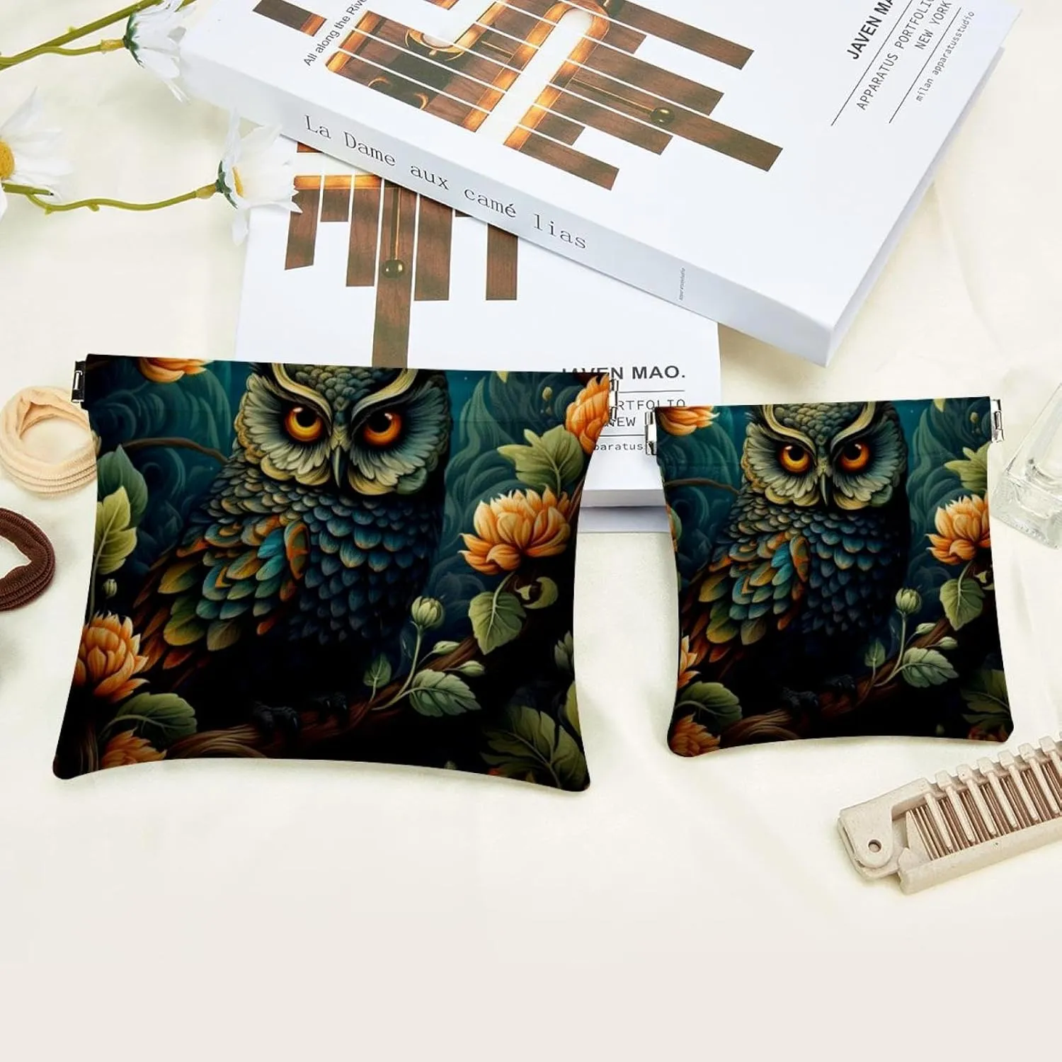 Pocket Cosmetic Bag Squeeze Top, Aesthetic Owl Night Forest Pattern-205 Waterproof Travel Makeup Bag for Purse, Portable Mini Makeup Pouch No Zipper for Women