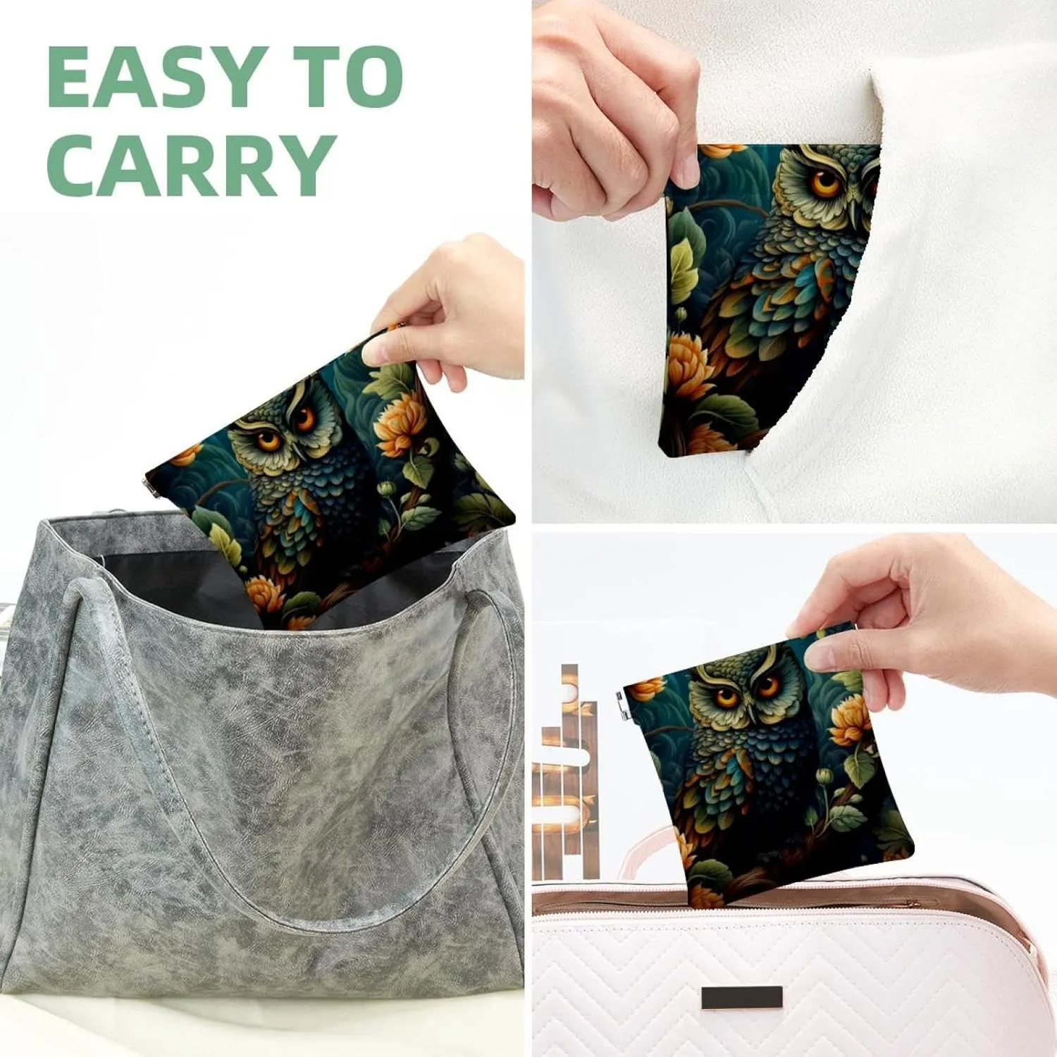 Pocket Cosmetic Bag Squeeze Top, Aesthetic Owl Night Forest Pattern-205 Waterproof Travel Makeup Bag for Purse, Portable Mini Makeup Pouch No Zipper for Women