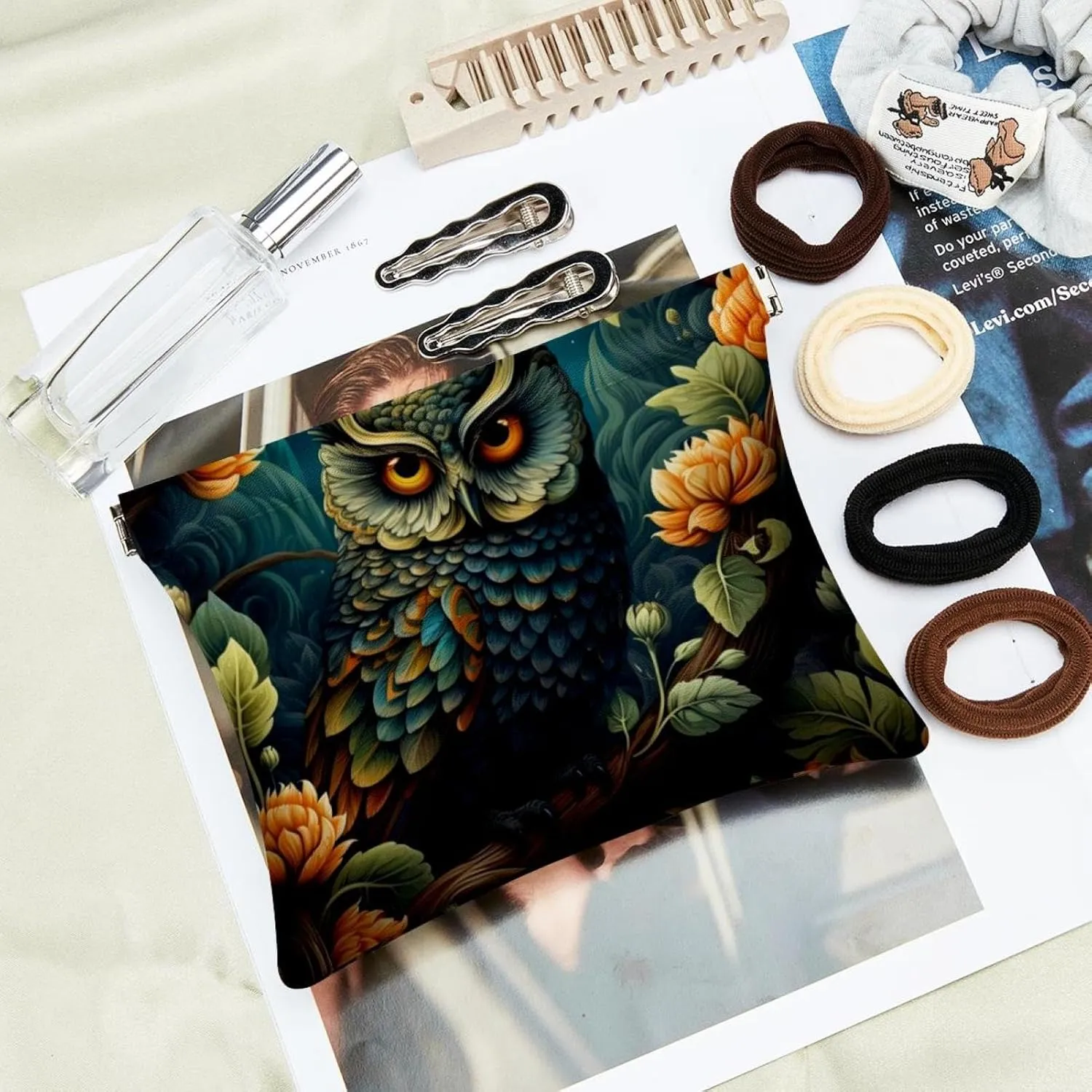 Pocket Cosmetic Bag Squeeze Top, Aesthetic Owl Night Forest Pattern-205 Waterproof Travel Makeup Bag for Purse, Portable Mini Makeup Pouch No Zipper for Women
