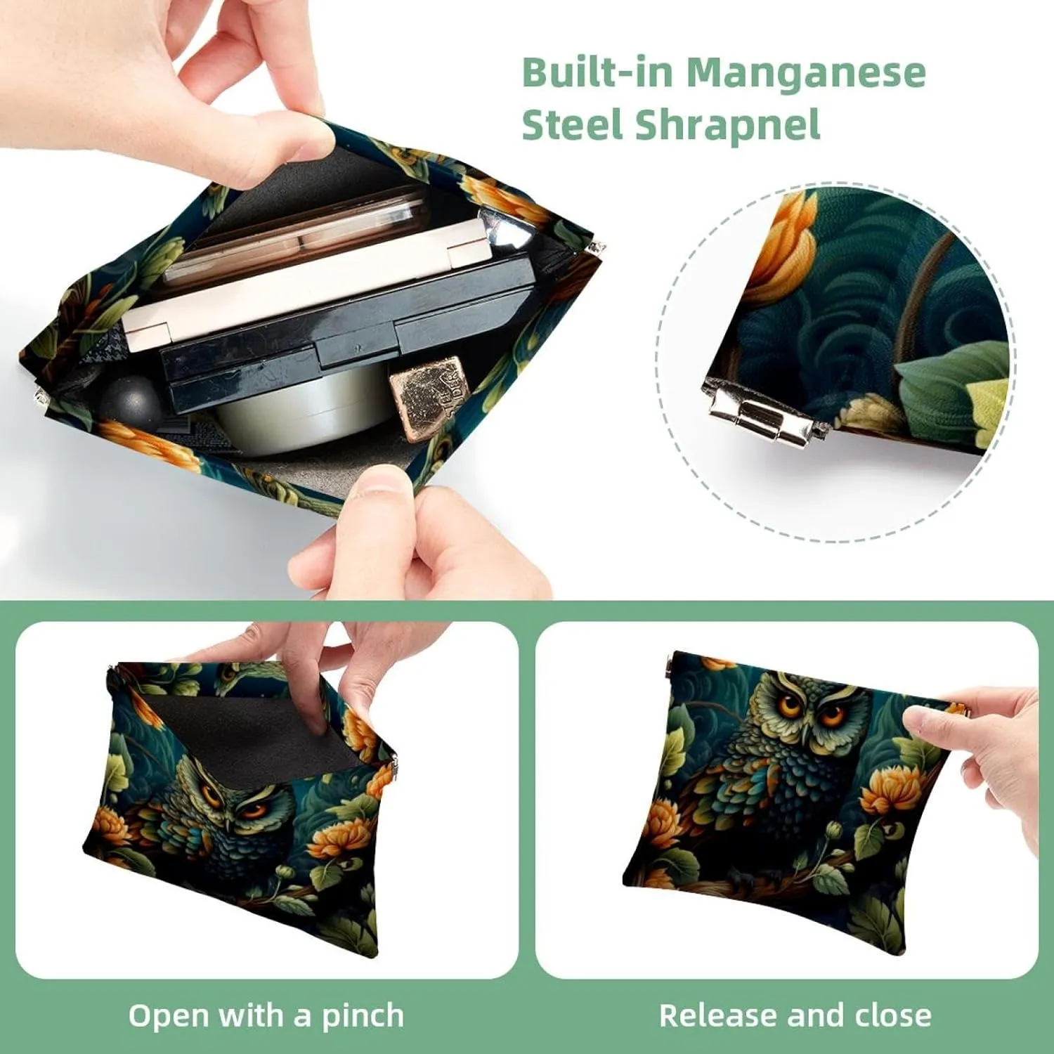 Pocket Cosmetic Bag Squeeze Top, Aesthetic Owl Night Forest Pattern-205 Waterproof Travel Makeup Bag for Purse, Portable Mini Makeup Pouch No Zipper for Women