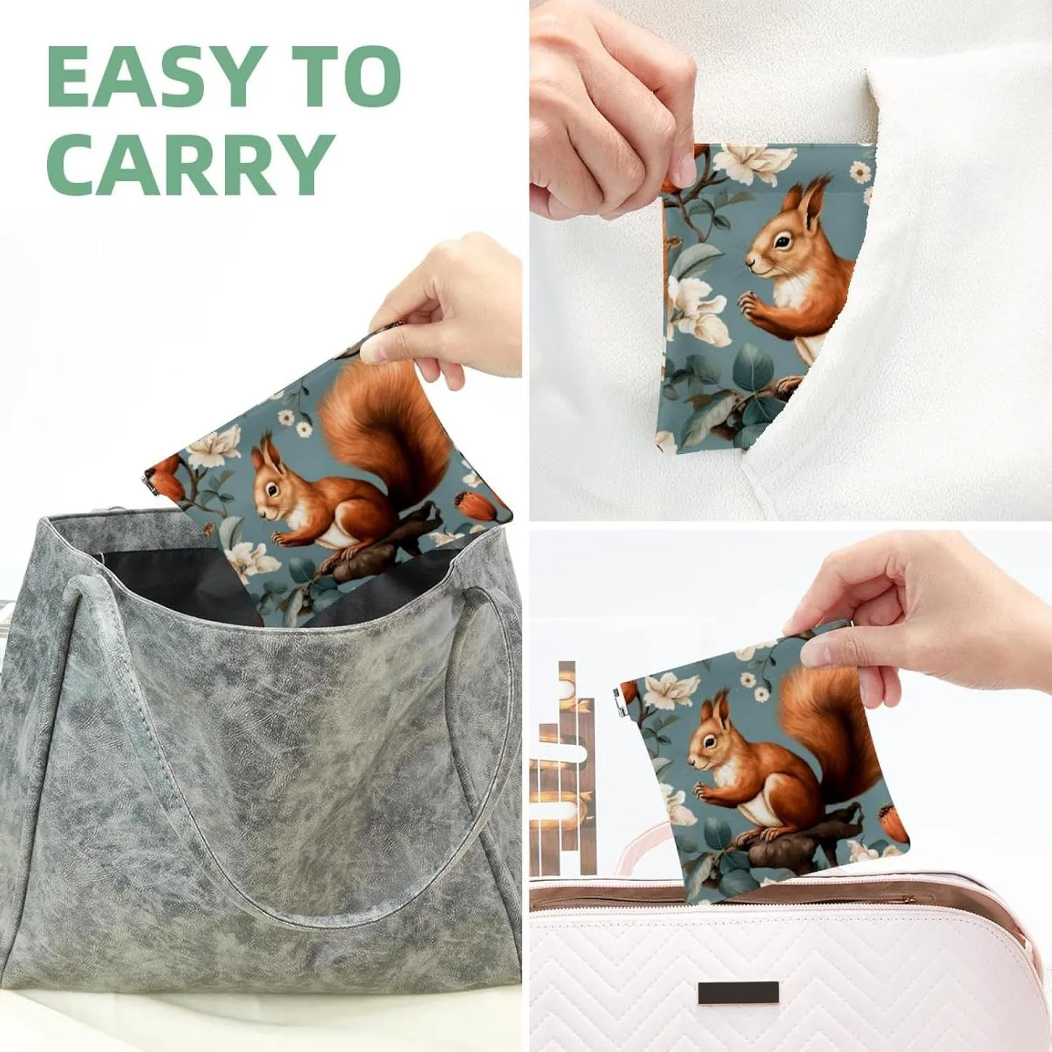 Pocket Cosmetic Bag Squeeze Top, Cute Squirrel and Chestnut-201 Waterproof Travel Makeup Bag for Purse, Portable Mini Makeup Pouch No Zipper for Women
