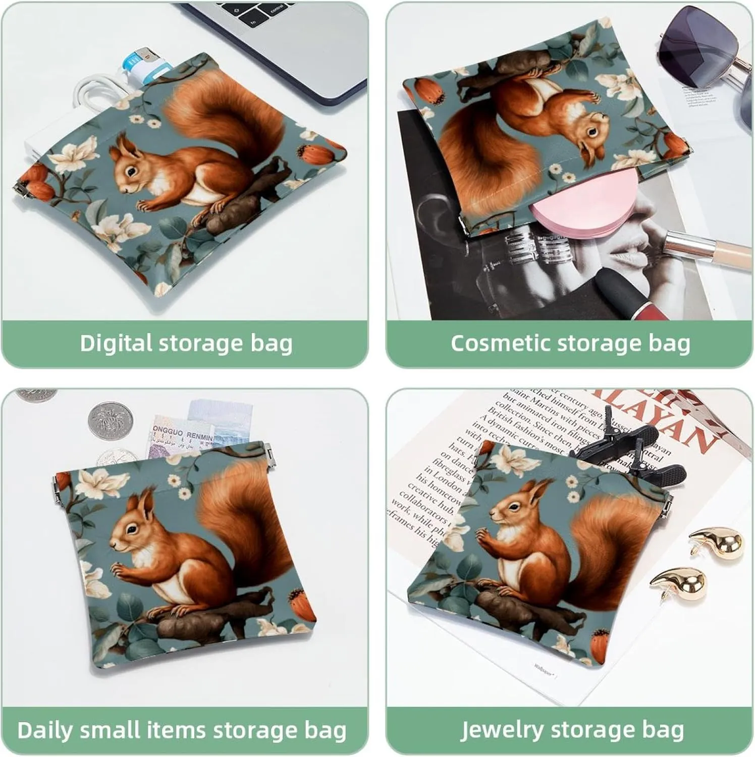 Pocket Cosmetic Bag Squeeze Top, Cute Squirrel and Chestnut-201 Waterproof Travel Makeup Bag for Purse, Portable Mini Makeup Pouch No Zipper for Women