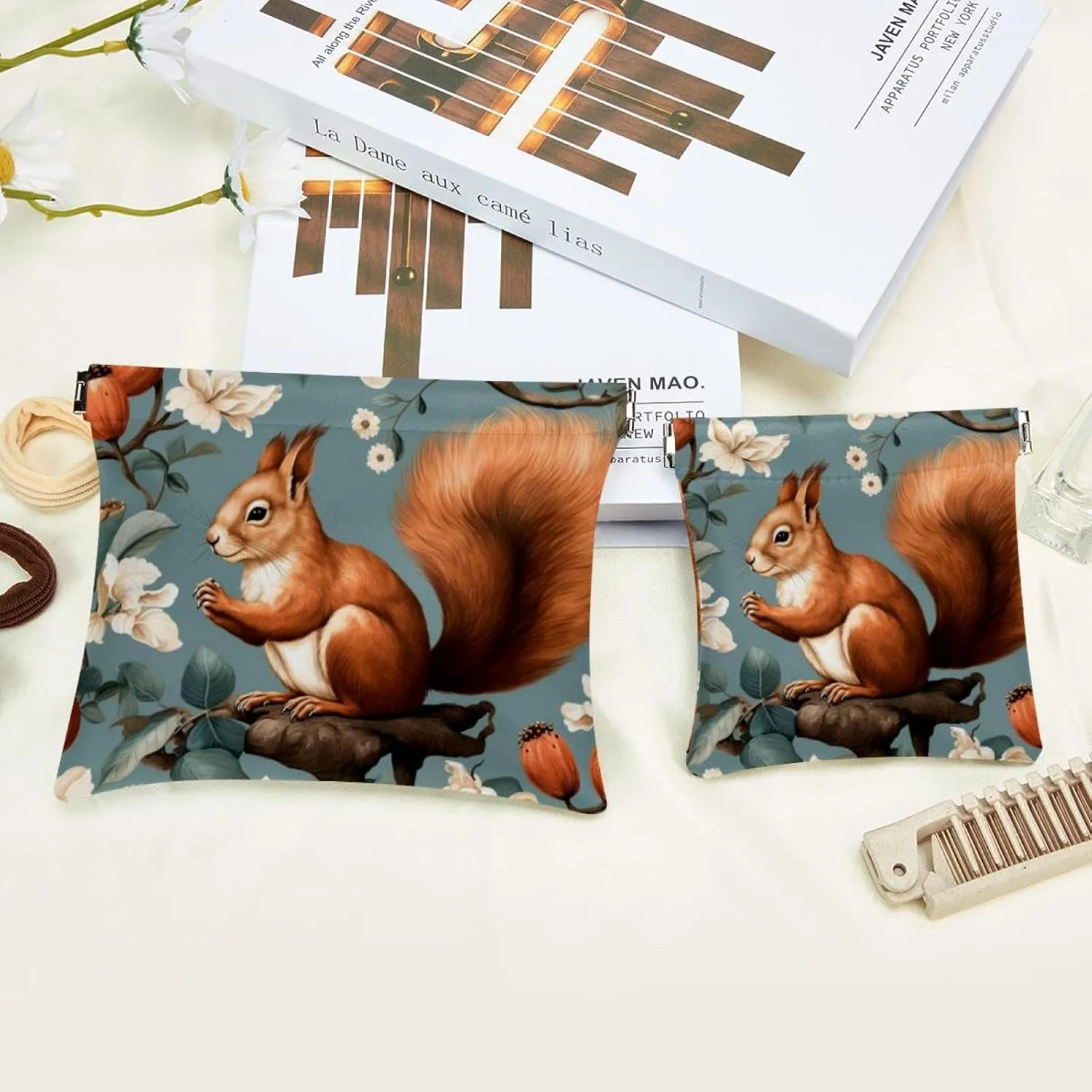 Pocket Cosmetic Bag Squeeze Top, Cute Squirrel and Chestnut-201 Waterproof Travel Makeup Bag for Purse, Portable Mini Makeup Pouch No Zipper for Women