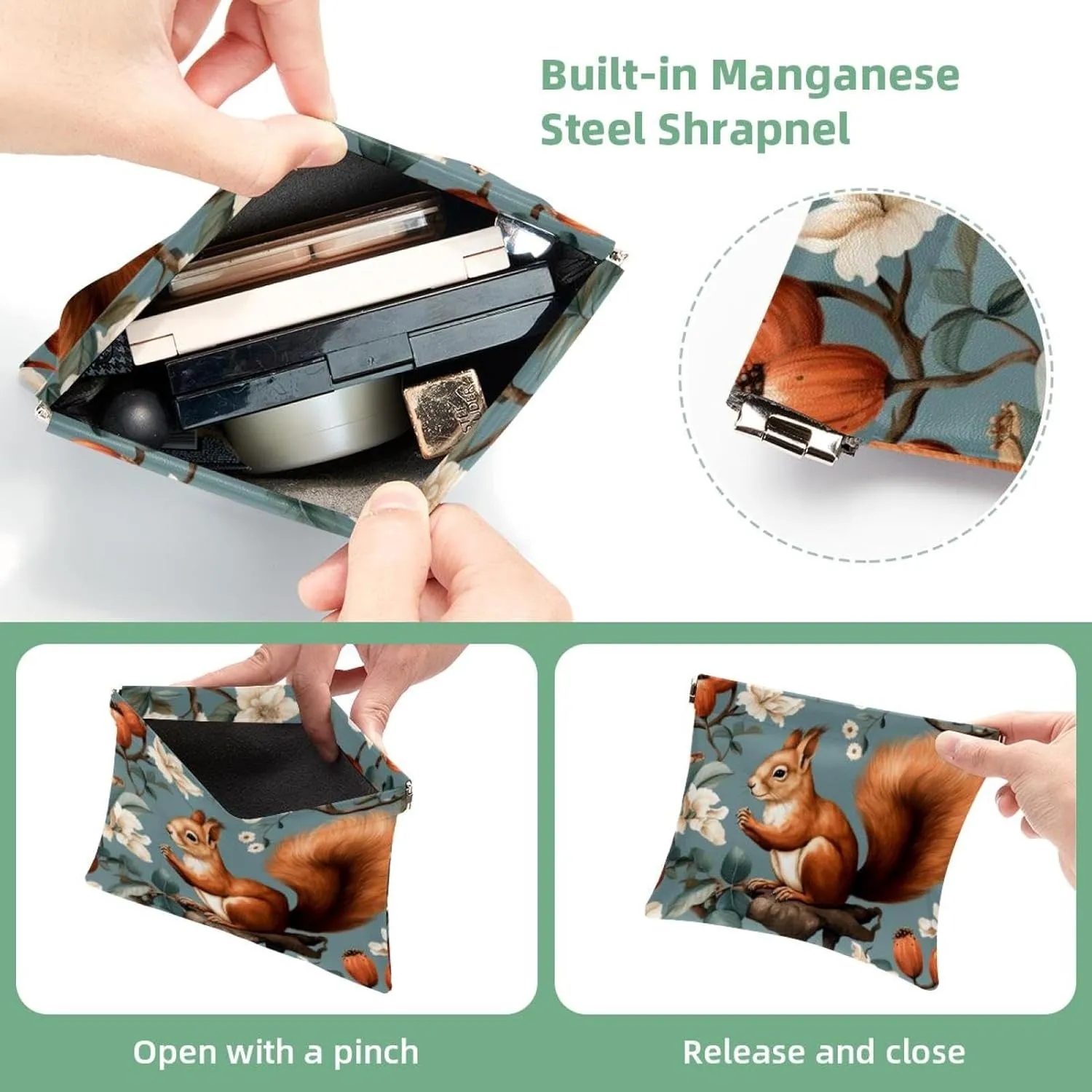 Pocket Cosmetic Bag Squeeze Top, Cute Squirrel and Chestnut-201 Waterproof Travel Makeup Bag for Purse, Portable Mini Makeup Pouch No Zipper for Women