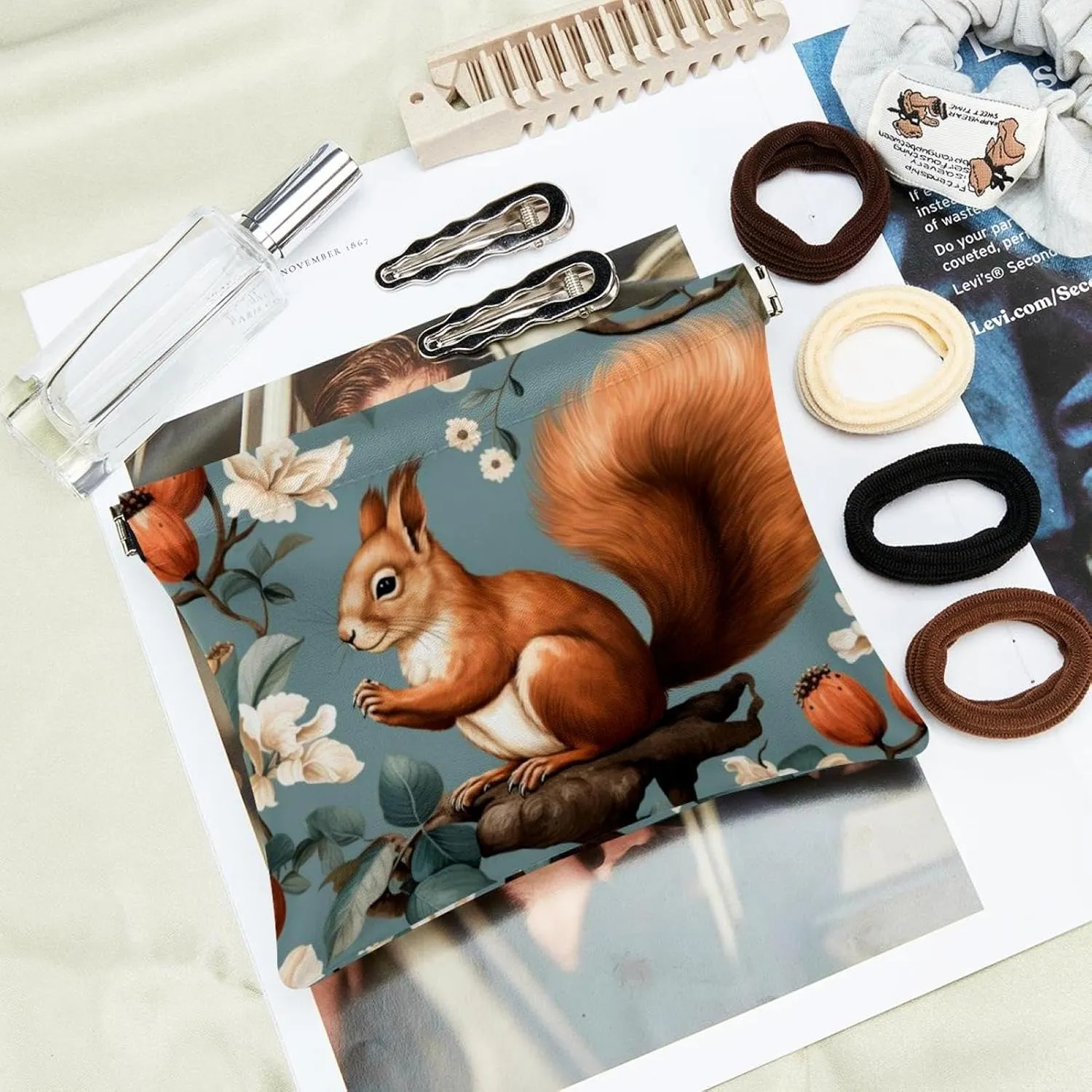 Pocket Cosmetic Bag Squeeze Top, Cute Squirrel and Chestnut-201 Waterproof Travel Makeup Bag for Purse, Portable Mini Makeup Pouch No Zipper for Women