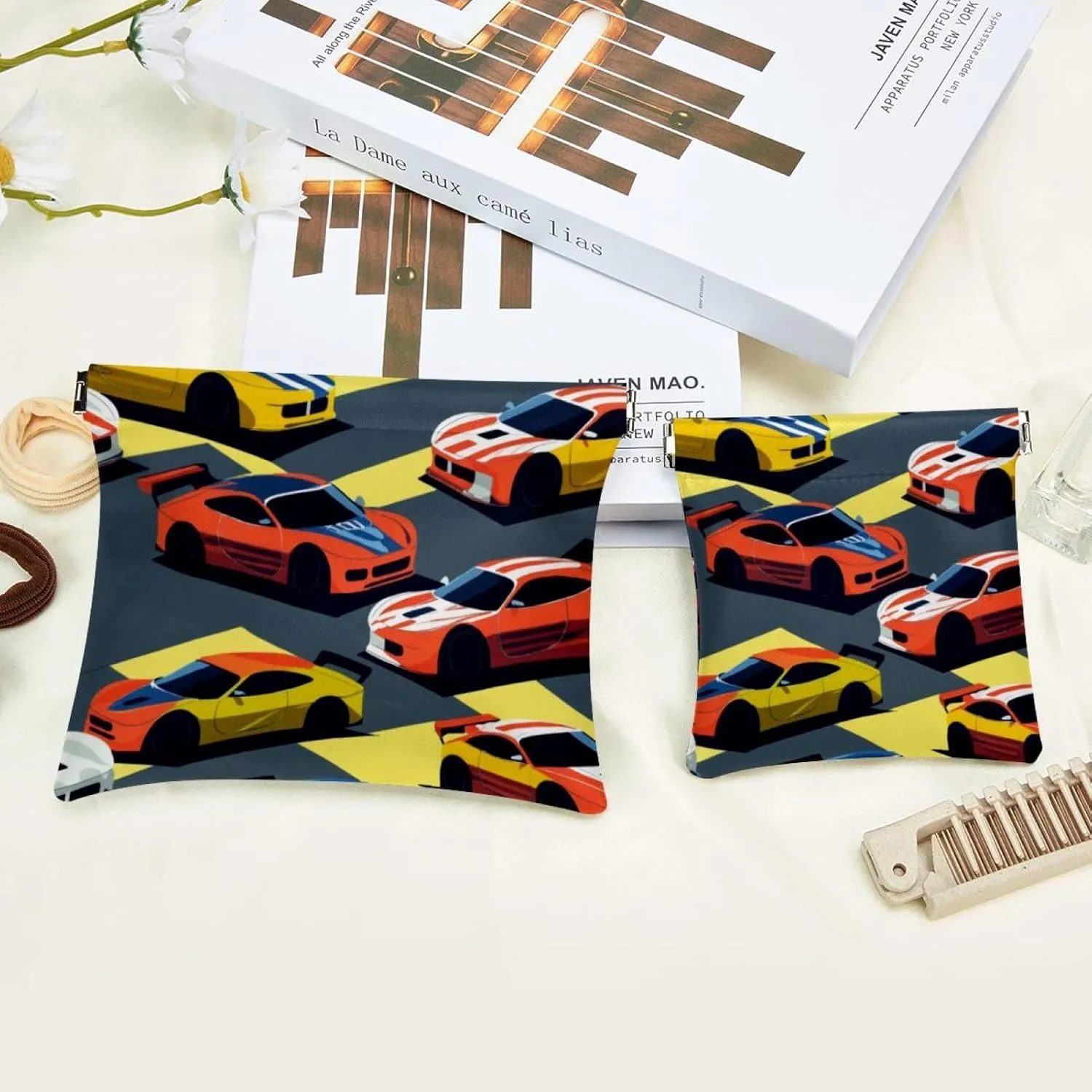 Pocket Cosmetic Bag Squeeze Top, Racing Car Seamless Waterproof Travel Makeup Bag for Purse, Portable Mini Makeup Pouch No Zipper for Women