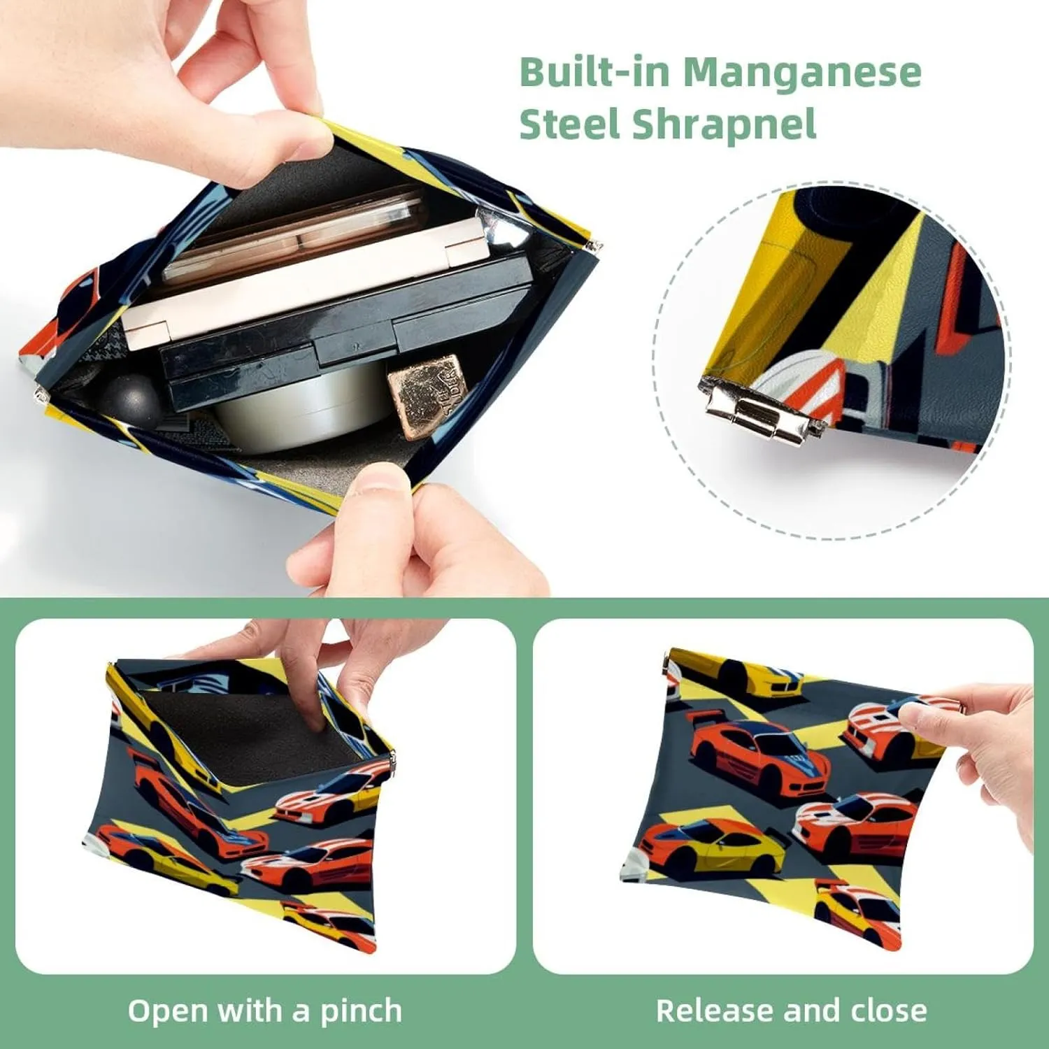 Pocket Cosmetic Bag Squeeze Top, Racing Car Seamless Waterproof Travel Makeup Bag for Purse, Portable Mini Makeup Pouch No Zipper for Women