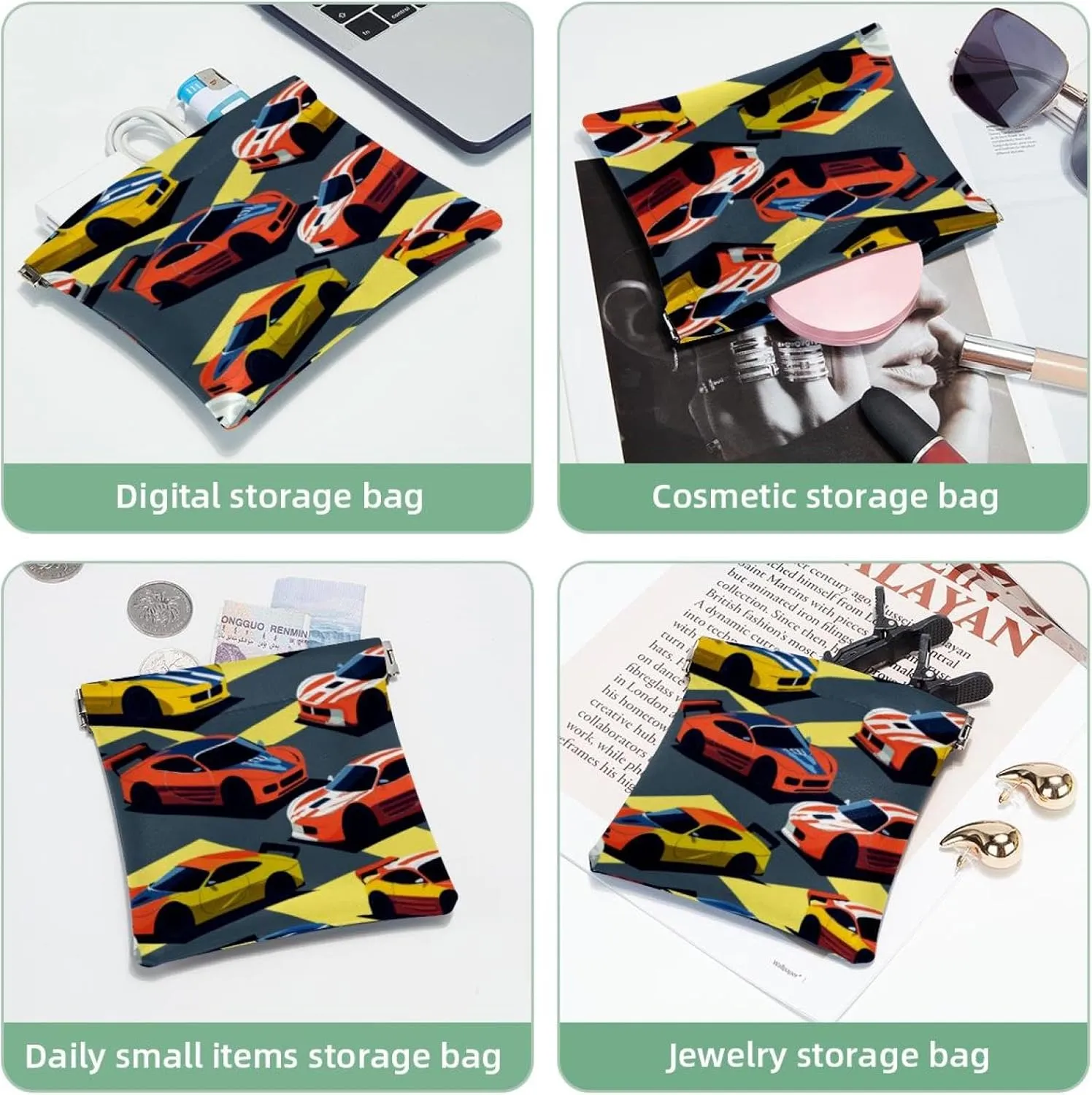 Pocket Cosmetic Bag Squeeze Top, Racing Car Seamless Waterproof Travel Makeup Bag for Purse, Portable Mini Makeup Pouch No Zipper for Women
