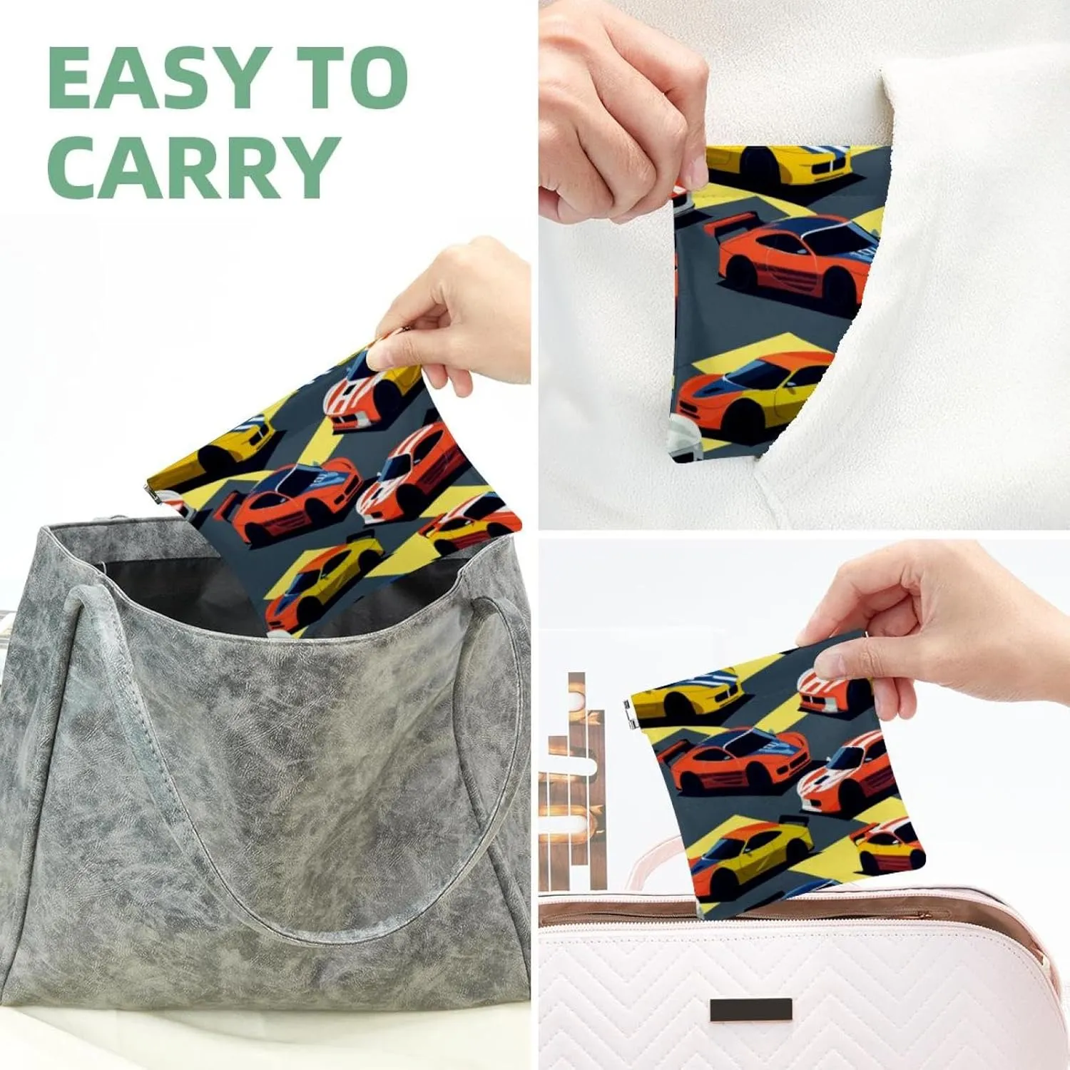 Pocket Cosmetic Bag Squeeze Top, Racing Car Seamless Waterproof Travel Makeup Bag for Purse, Portable Mini Makeup Pouch No Zipper for Women