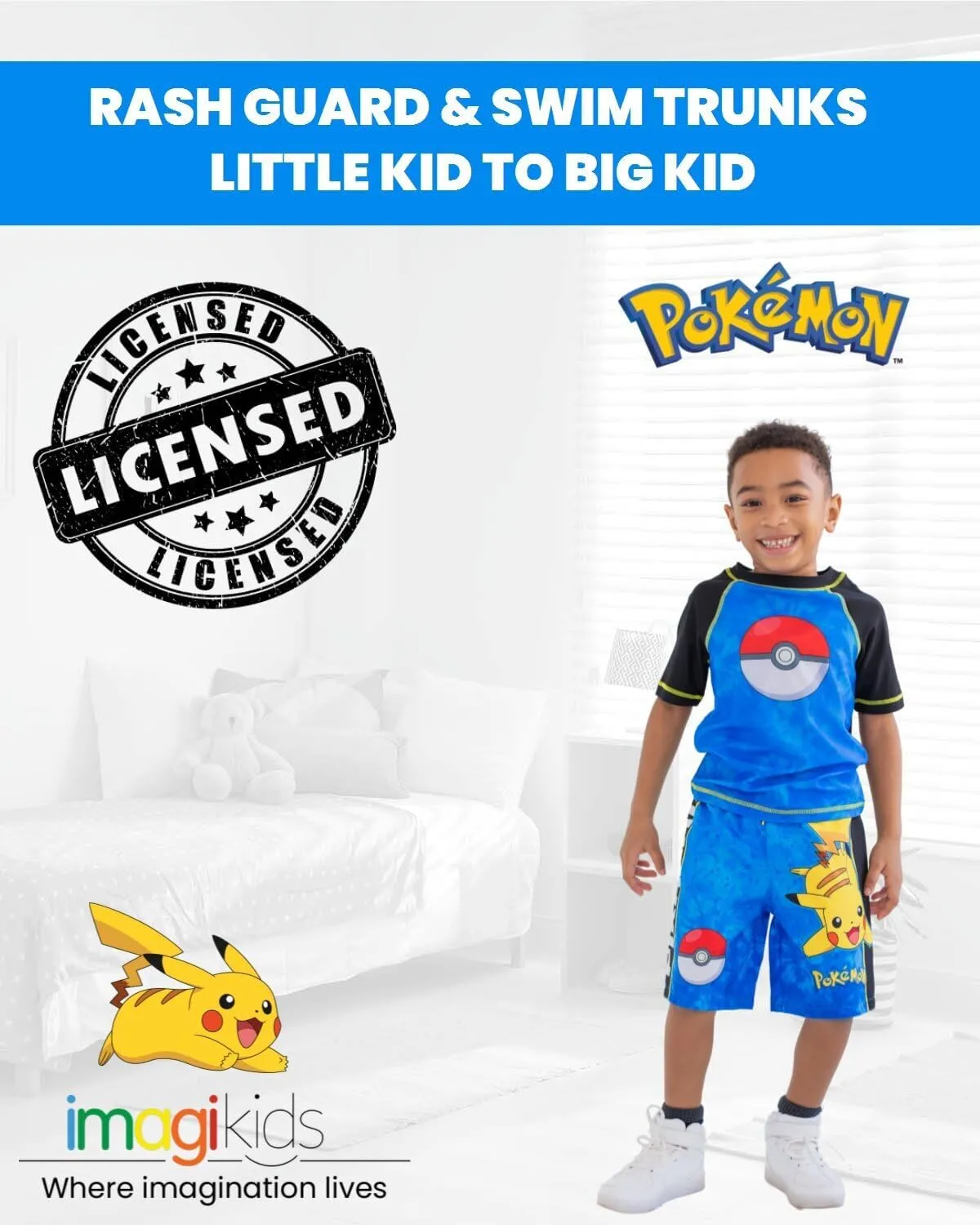 Pokemon UPF 50  Rash Guard and Swim Trunks Outfit Set Little Kid to Big Kid Sizes (4-14-16)