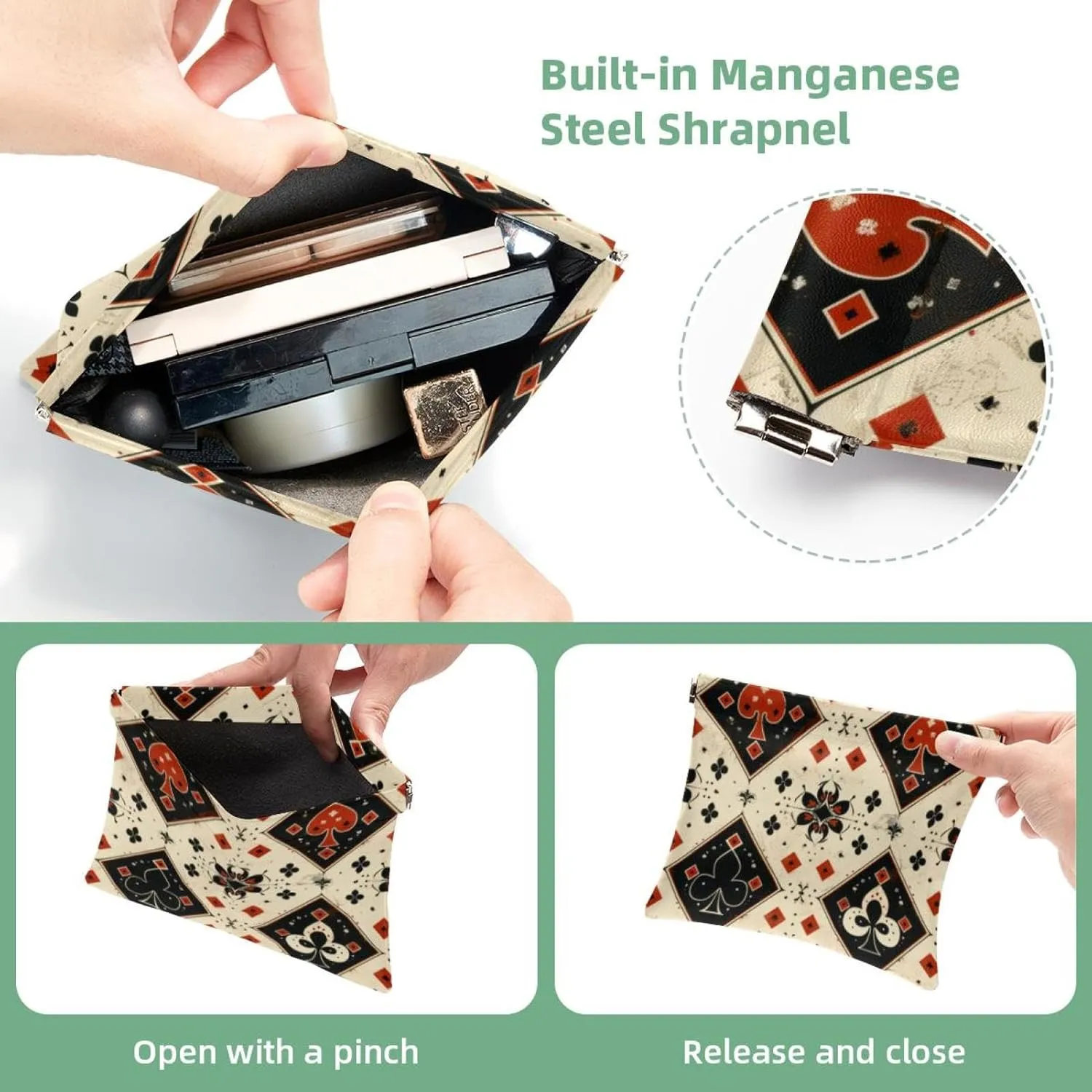 Poker Aesthetic Retro Pattern Pocket Cosmetic Bag, Waterproof Squeeze Makeup Bag No Zipper Self-Closing, Portable Mini Travel Storage for Headphones Jewelry
