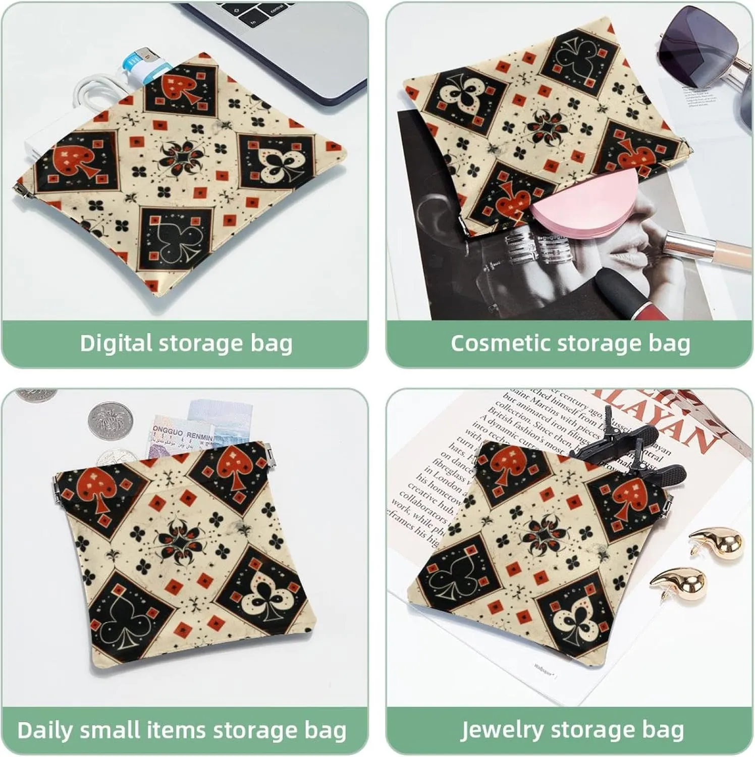 Poker Aesthetic Retro Pattern Pocket Cosmetic Bag, Waterproof Squeeze Makeup Bag No Zipper Self-Closing, Portable Mini Travel Storage for Headphones Jewelry