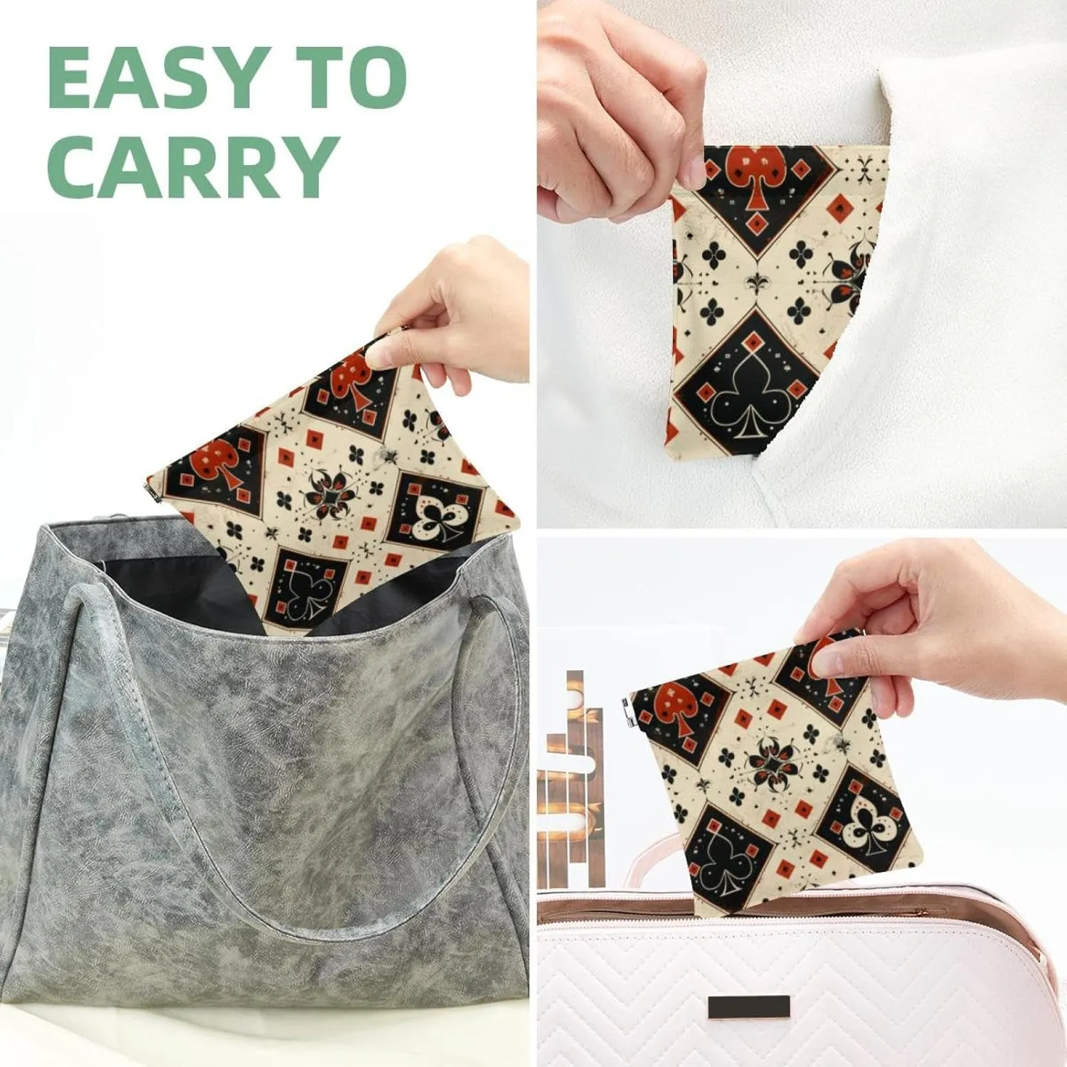Poker Aesthetic Retro Pattern Pocket Cosmetic Bag, Waterproof Squeeze Makeup Bag No Zipper Self-Closing, Portable Mini Travel Storage for Headphones Jewelry