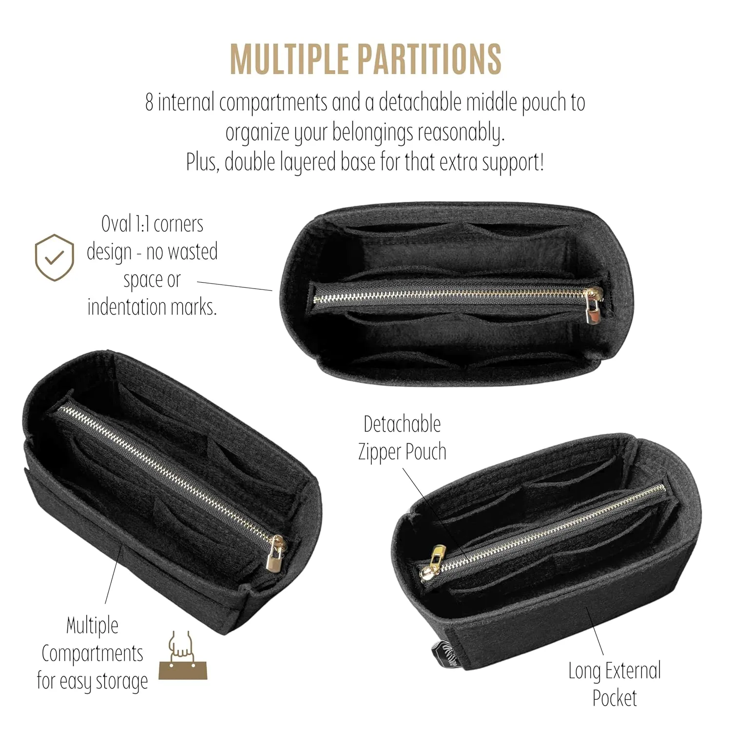 Premium Bag Organizer fits Lv Vanity PM bag organizer, Handmade Liner Protector, BB Nice Mini Makeup Bag Felt Snug Sturdy Fit Gold Zipper Perfect Fit (For Vanity PM, Black)