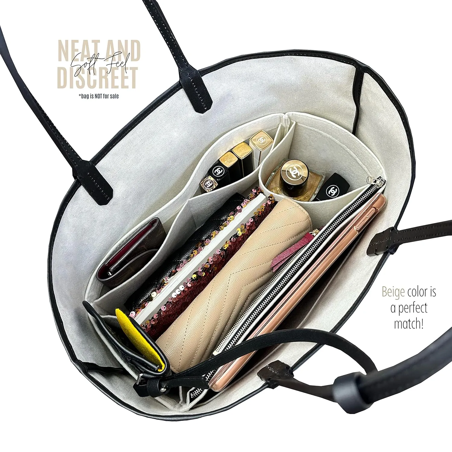 Premium Bag Organizer fits St louis GM Bag Organizer and St Louis PM Tote Bag Insert, Handmade 2mm Wool Double Layered Base Felt, Snug Sturdy Fit with Silver Zipper (For St Louis GM, Beige)