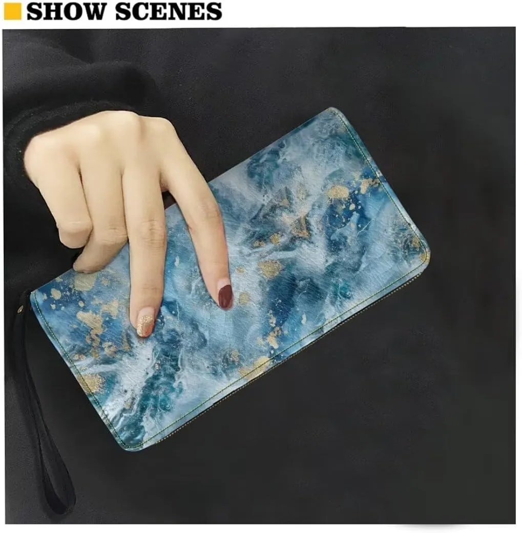 PU Leather Wristlet Wallet Blue White Marble Travel Purse with Zipper and Phone Holder Money Clips for Women Fashion Handbag