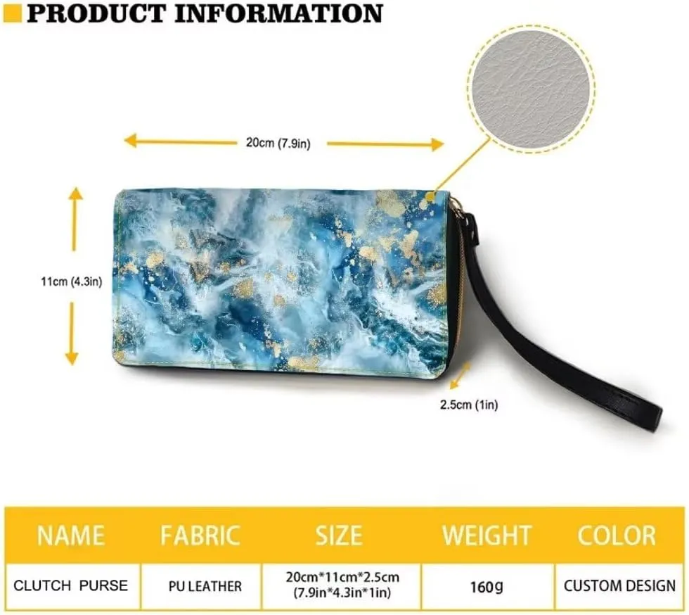 PU Leather Wristlet Wallet Blue White Marble Travel Purse with Zipper and Phone Holder Money Clips for Women Fashion Handbag